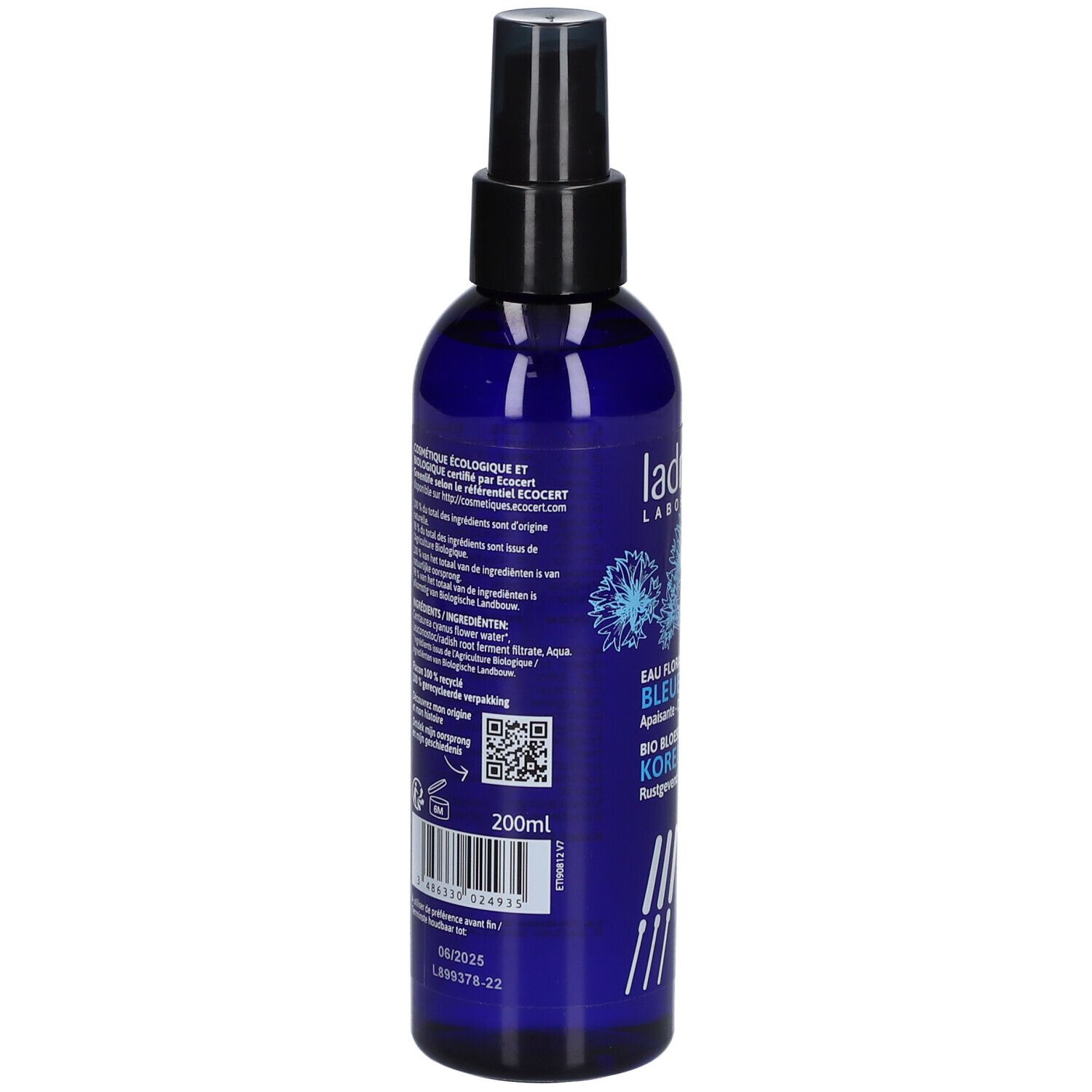 Flacon bleu avec vaporisateur. Dos avec texte et QR code. Inscription: 200ml, certification Bio.
