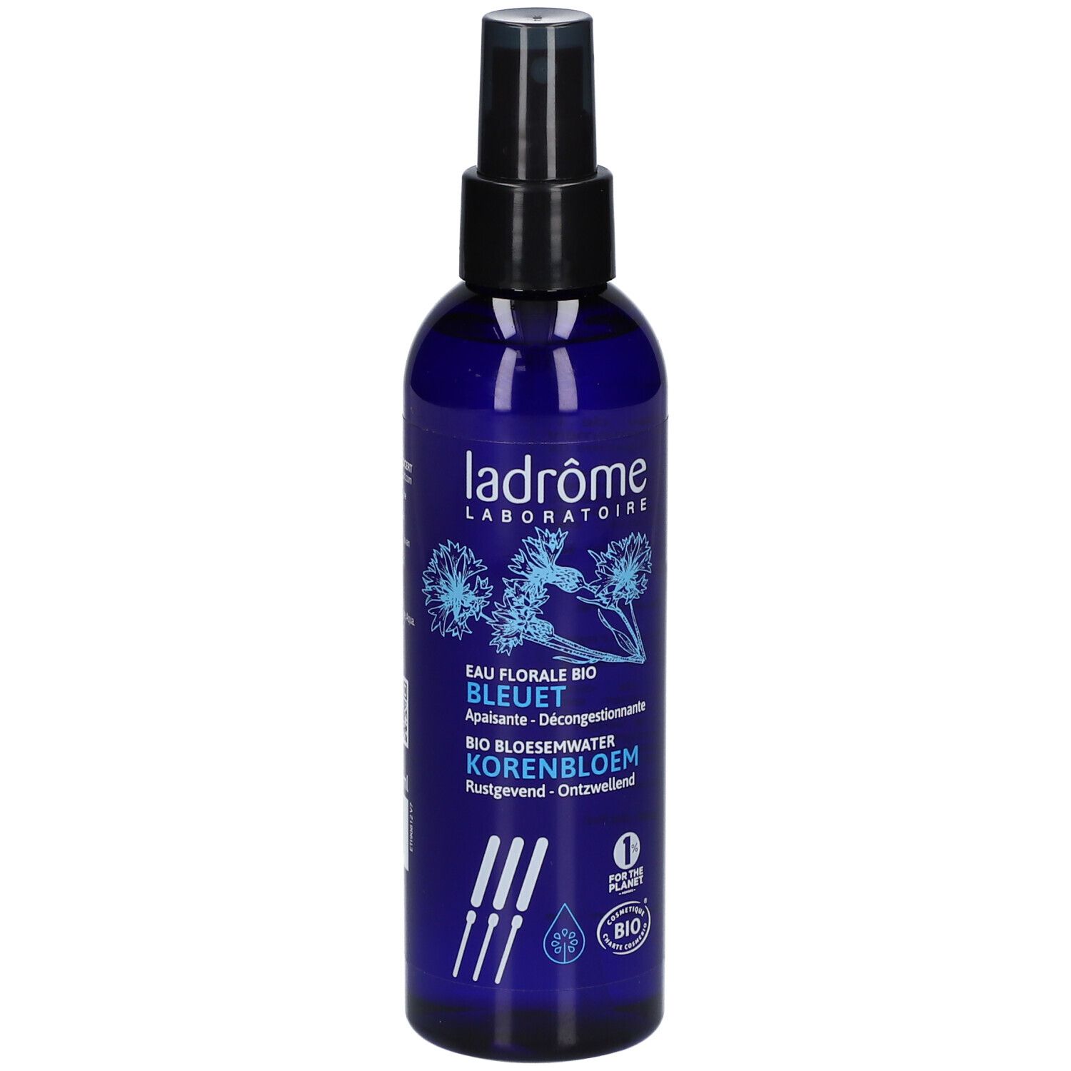 Flacon bleu avec vaporisateur. Inscriptions: Ladrôme, Eau Florale Bio Bleuet, certification Bio.