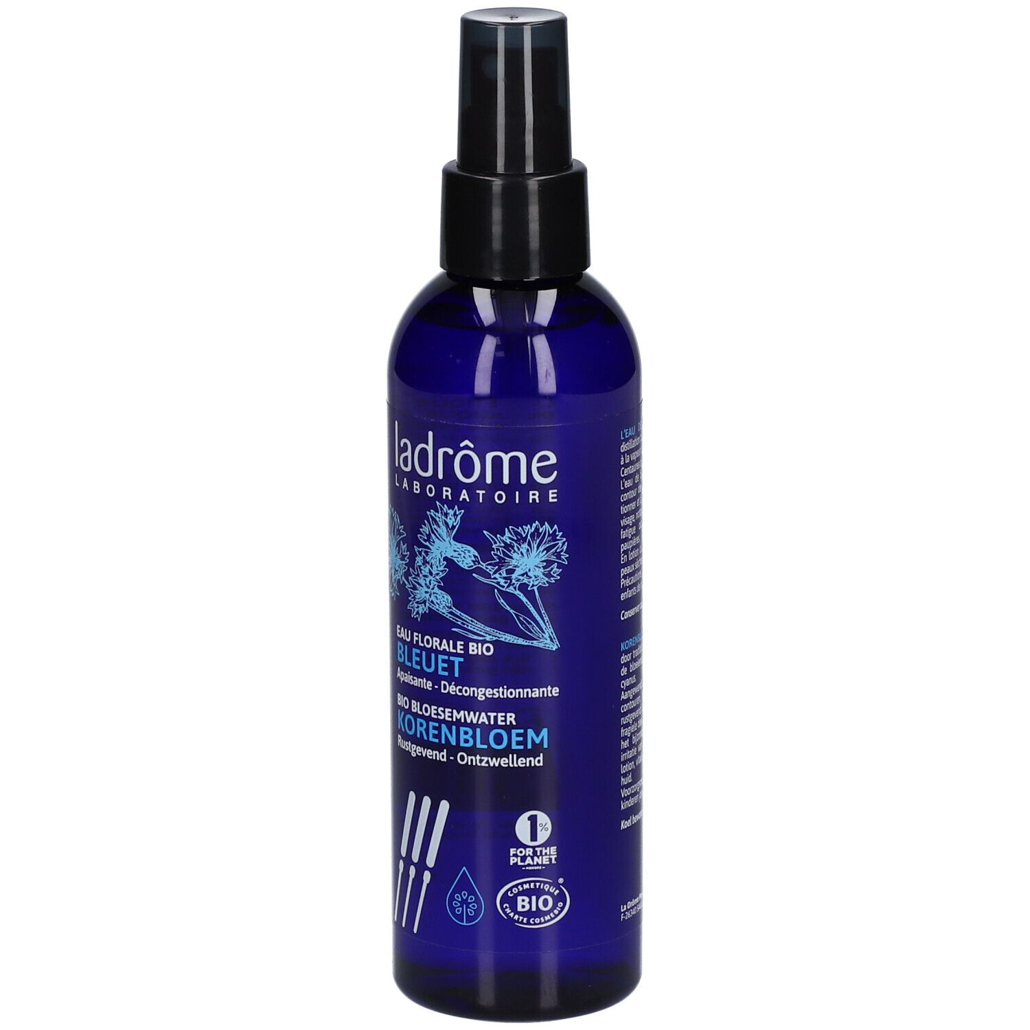 Flacon bleu avec vaporisateur. Inscriptions: Ladrôme, Eau Florale Bio Bleuet, certification Bio.