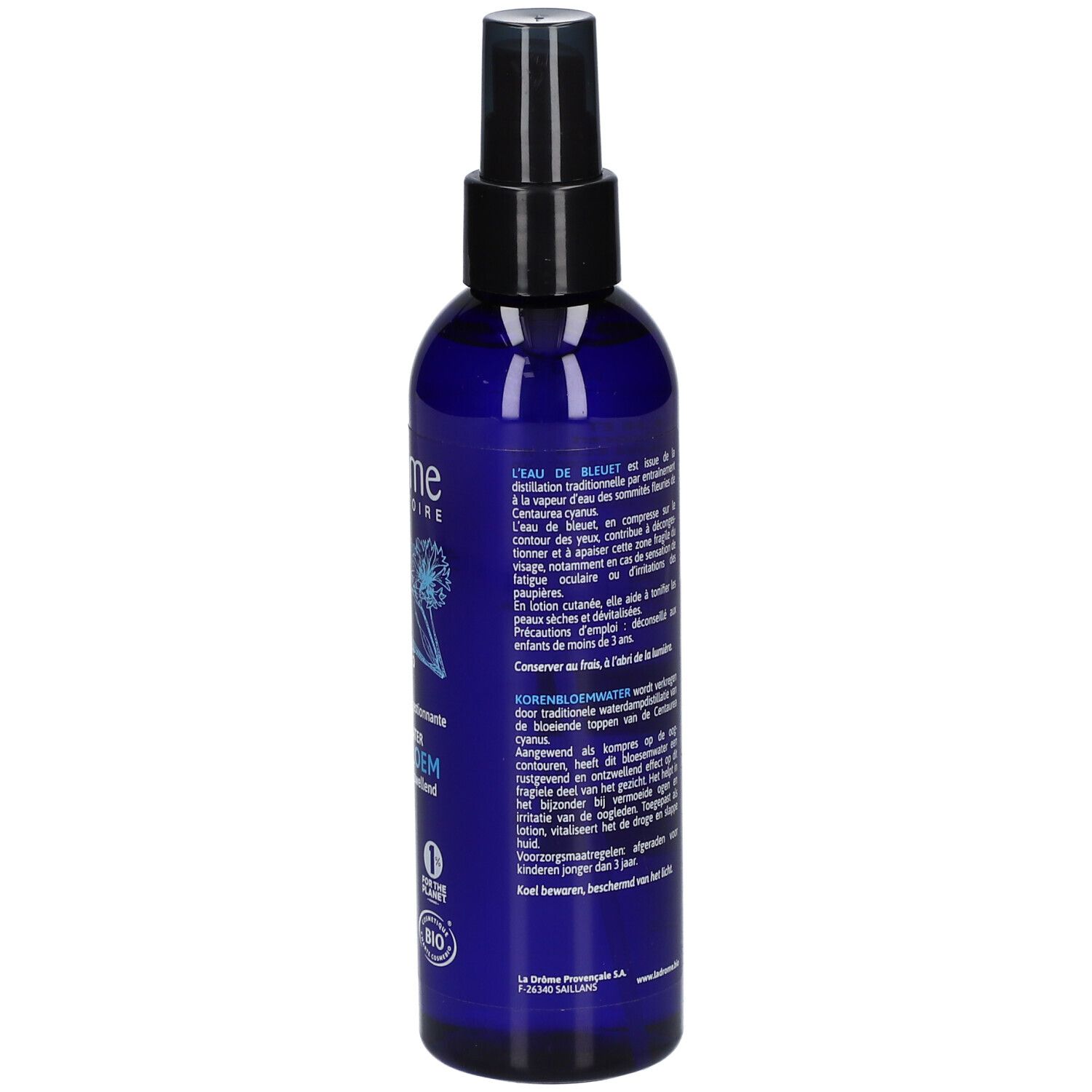 Flacon bleu avec vaporisateur. Dos avec texte. Inscriptions: Ladrôme, Eau de Bleuet, certification Bio.