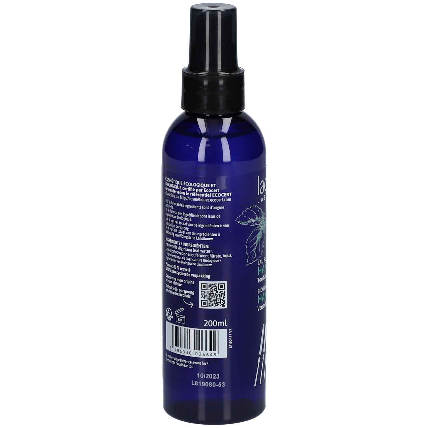 Dos du flacon bleu. Texte: Cosmétique, ingrédients, QR code, 200ml, date de péremption. Label bio.