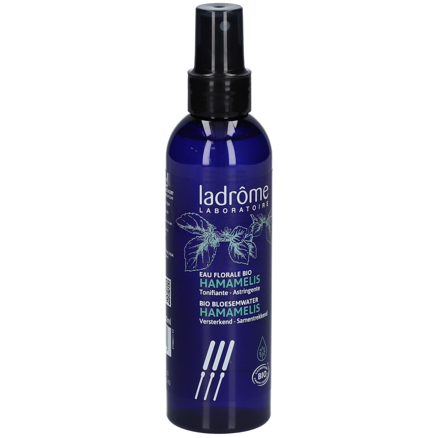 Flacon bleu avec vaporisateur noir. Inscription: Ladrôme Laboratoire, Eau Florale Bio Hamamelis. Label bio.