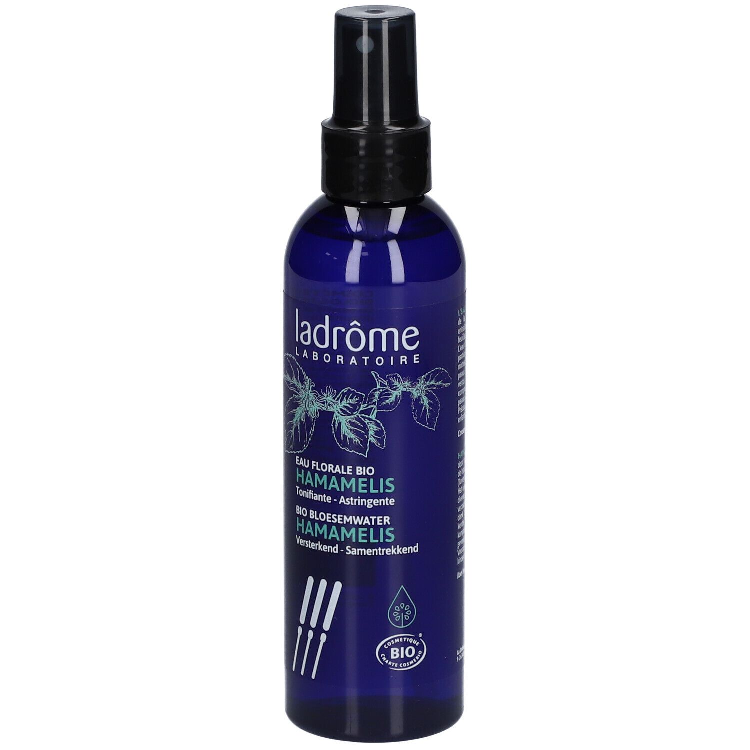 Flacon bleu avec vaporisateur noir. Inscription: Ladrôme Laboratoire, Eau Florale Bio Hamamelis. Label bio.