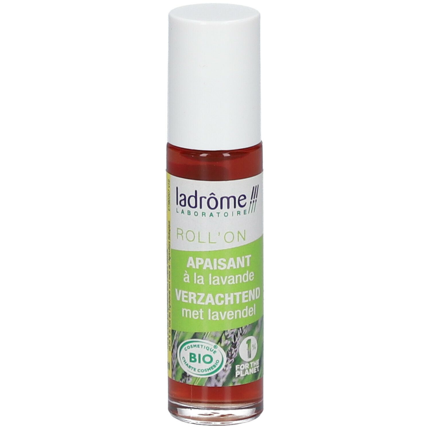 Flacon roll-on à bouchon blanc. Inscription : Ladrôme, Roll'on, apaisant à la lavande. Certification bio.
