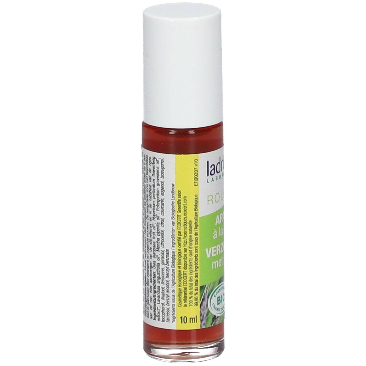 Flacon roll-on à bouchon blanc. Inscription : Ladrôme, Roll'on, apaisant à la lavande. 10 ml. Certification bio.