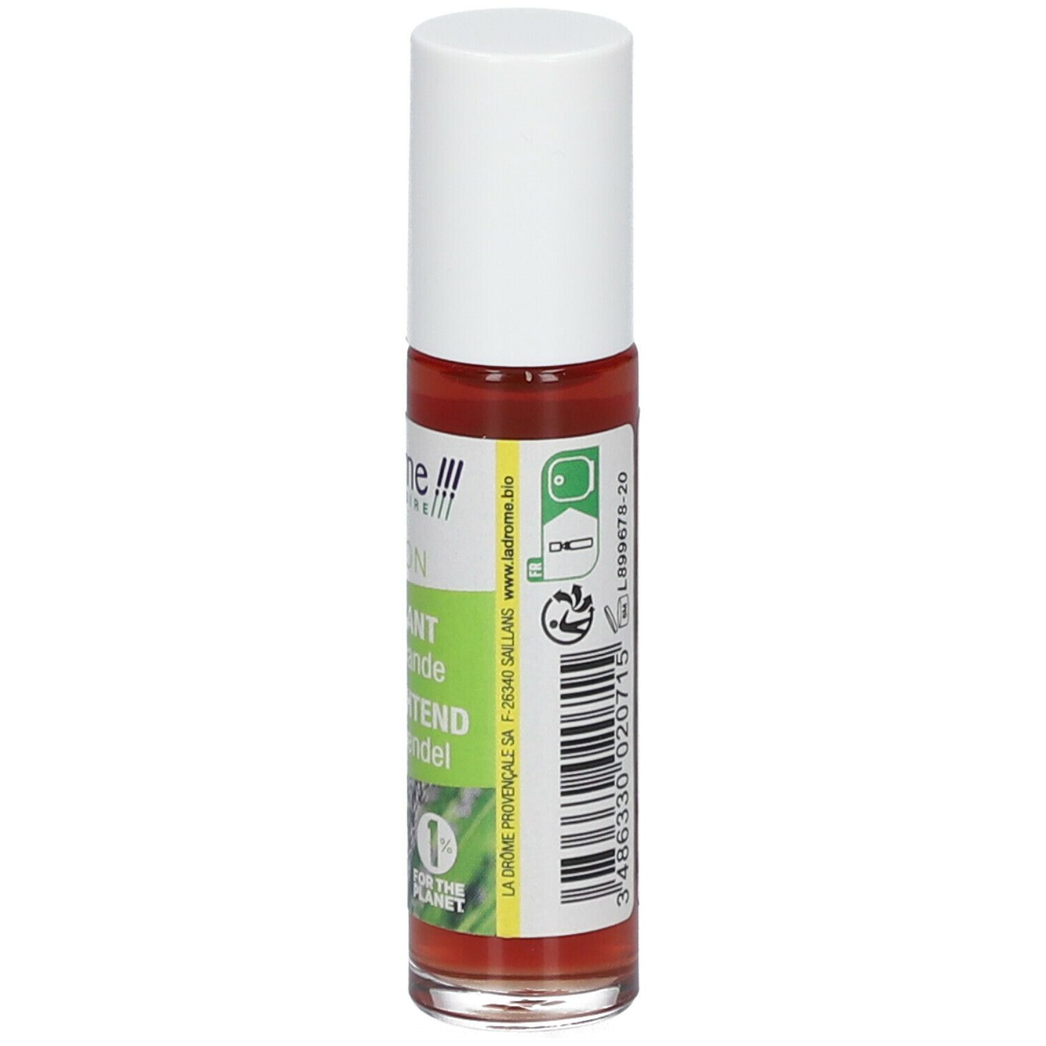 Flacon roll-on à bouchon blanc. Dos avec texte et code-barres. Inscription : Ladrôme, Roll'on. Certification bio.
