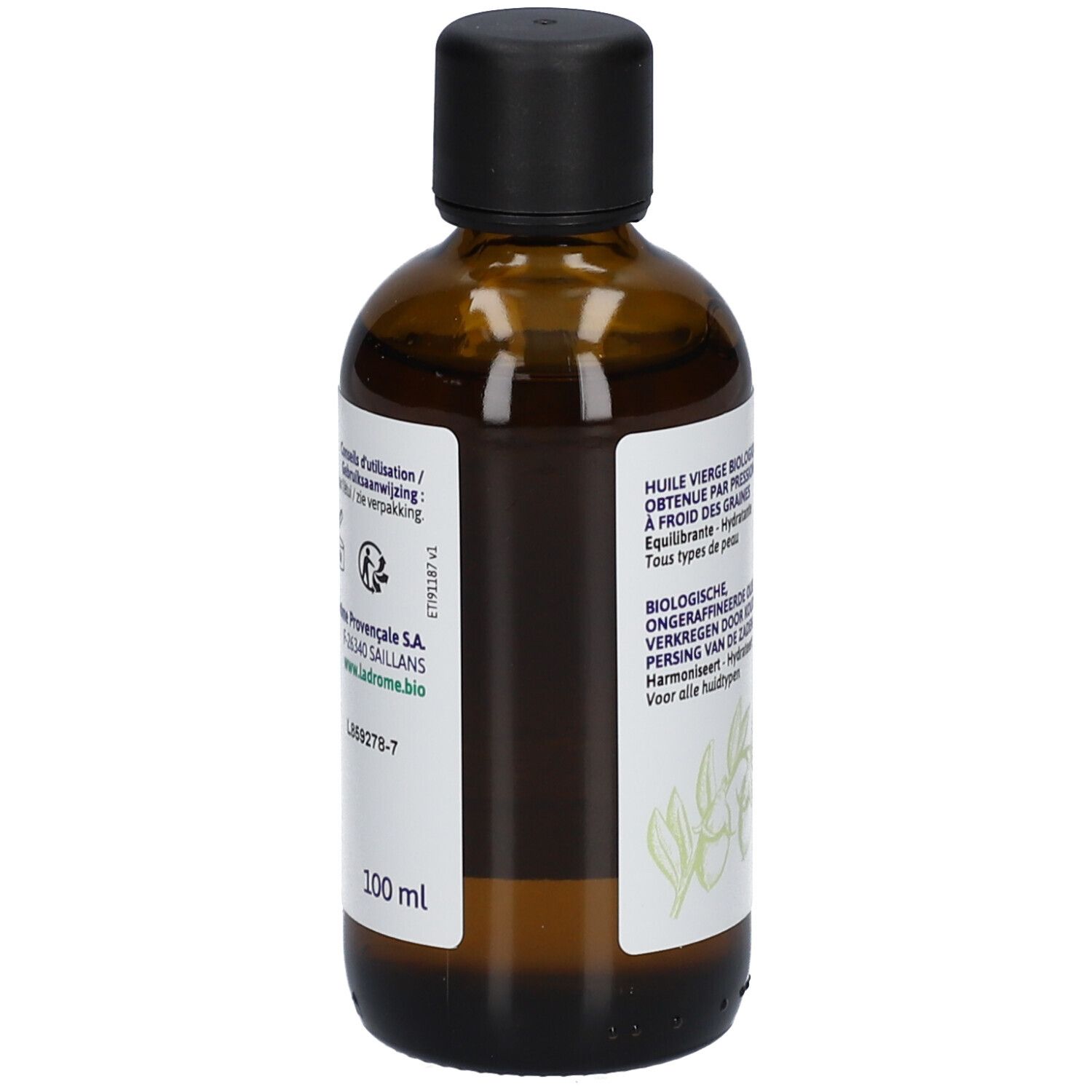 Flacon en verre brun avec bouchon noir. Étiquette avec texte et 100 ml. Impression: La Drôme Provençale.