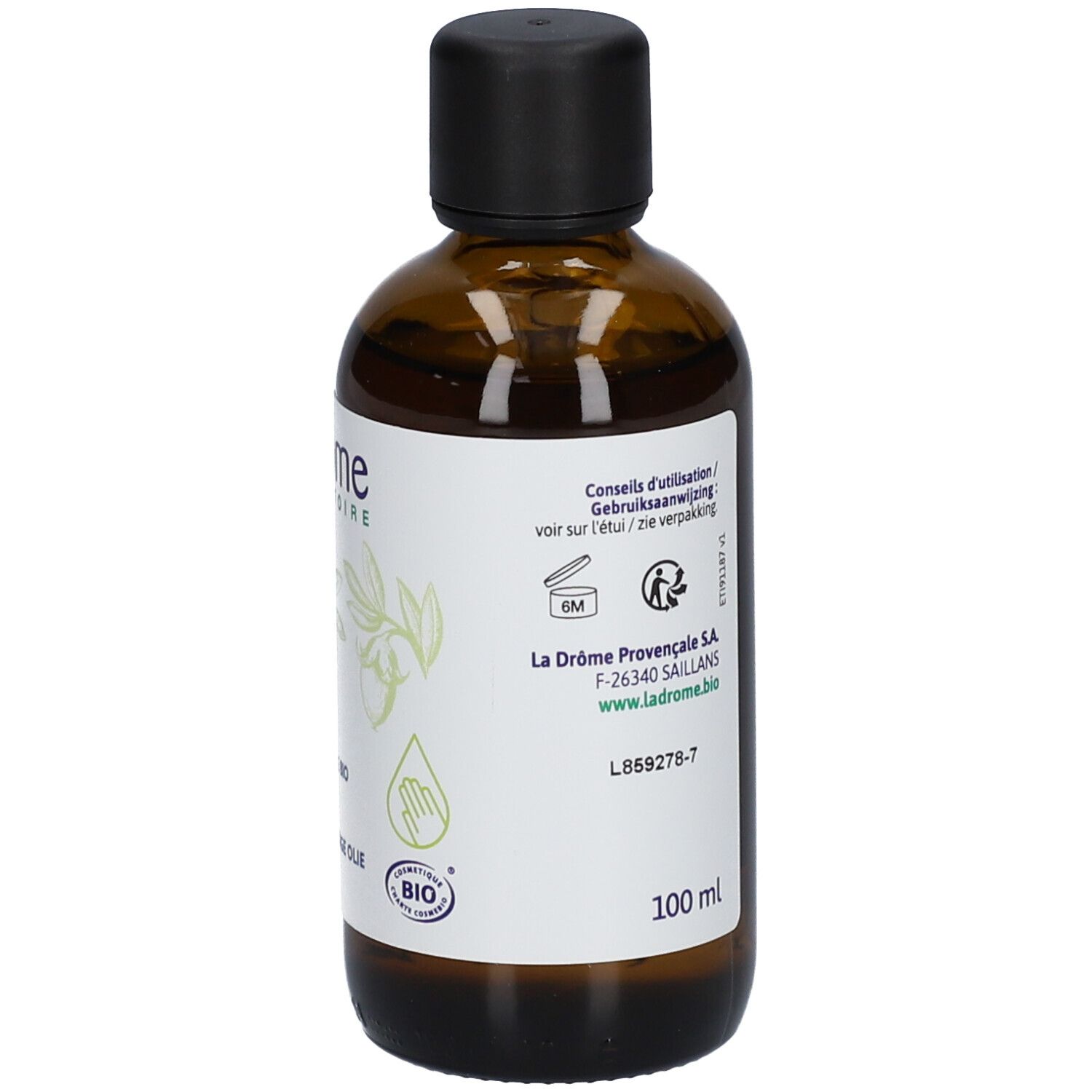 Flacon en verre brun avec bouchon noir. Étiquette avec texte et label bio. Impression: 100 ml.