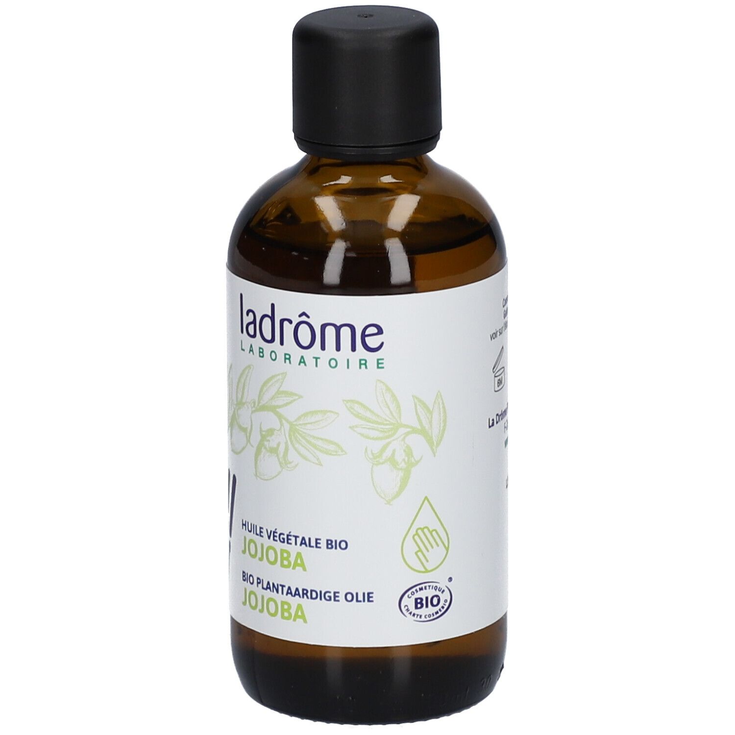 Flacon en verre brun avec bouchon noir. Étiquette avec logo et texte: Huile végétale bio Jojoba. Label bio.