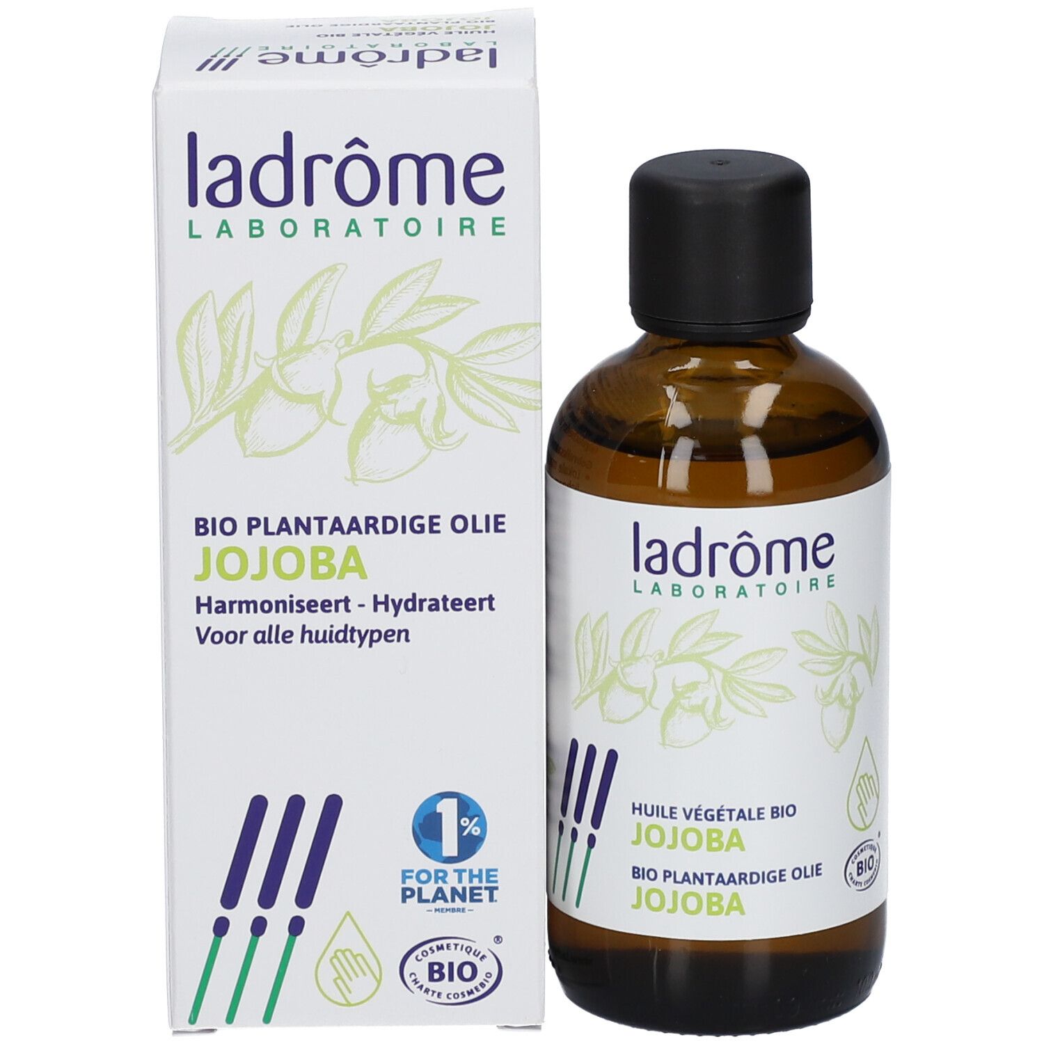 Flacon en verre brun et carton. Inscription: Bio Pflanzliche Öl Jojoba. Carton avec logo et texte.