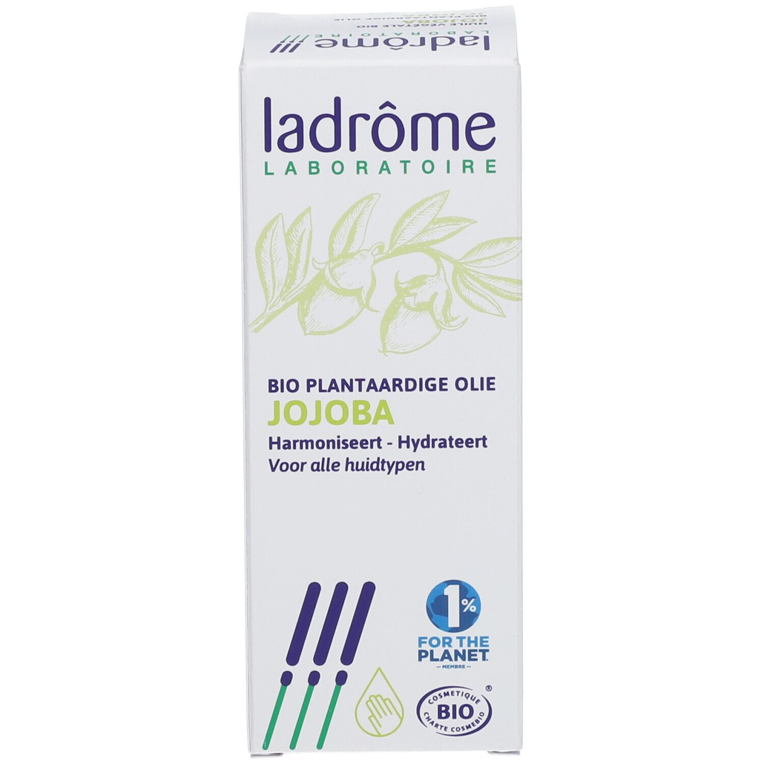 Carton avec logo et texte: Bio Pflanzliche Öl Jojoba. Impression: 1% for the planet. Label bio.