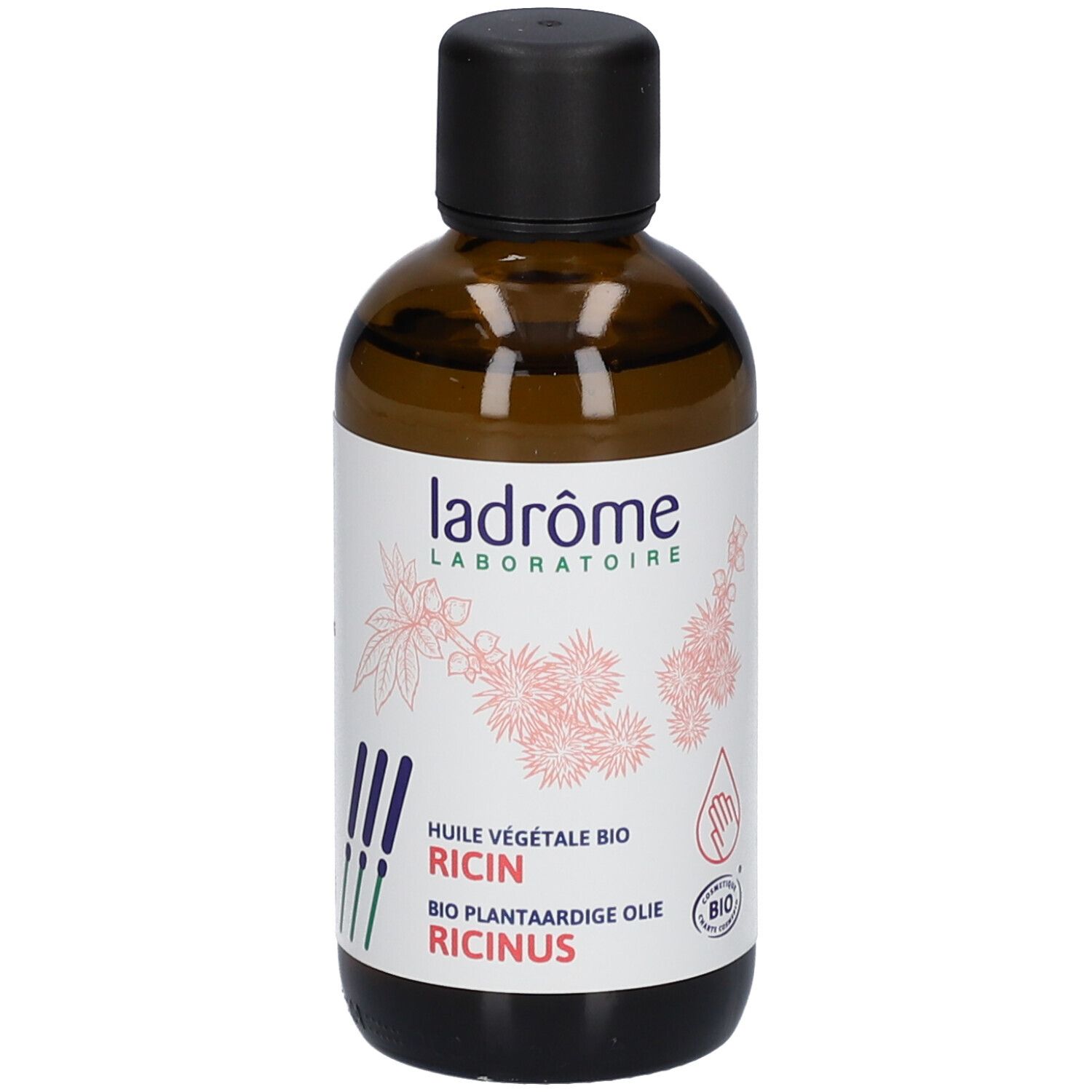 Bruine glazen fles met zwarte dop en etiket. Productnaam en logo zichtbaar.