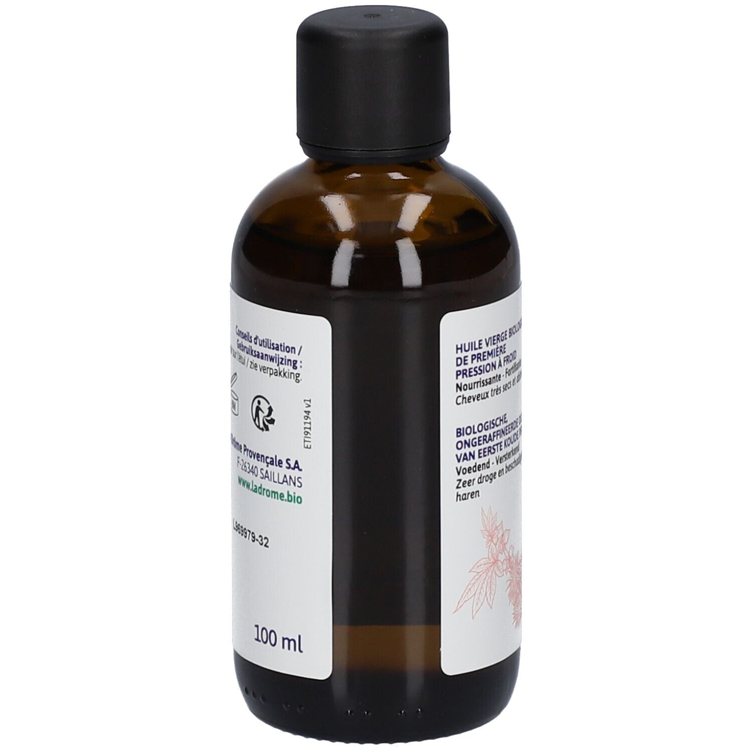 Bruine glazen fles met zwarte dop en etiket. 100 ml staat op het etiket.