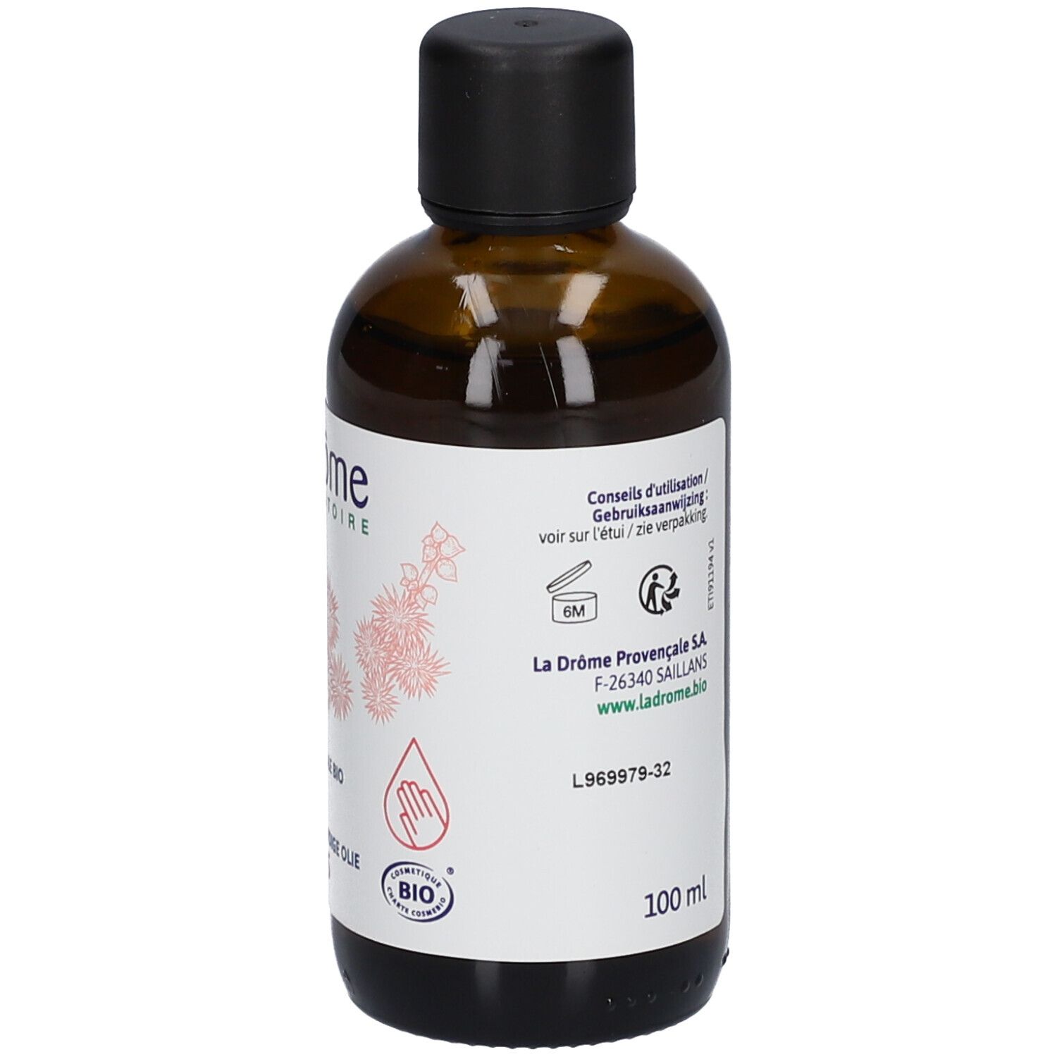 Bruine glazen fles met zwarte dop en etiket. 100 ml staat op het etiket.
