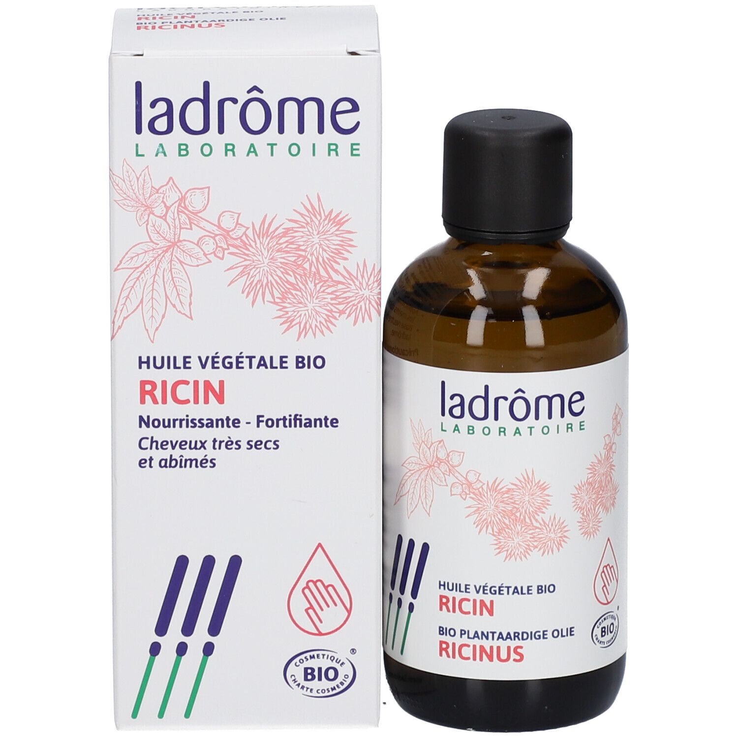 Bruine glazen fles met zwarte dop en etiket, naast een witte doos. Logo en productnaam.