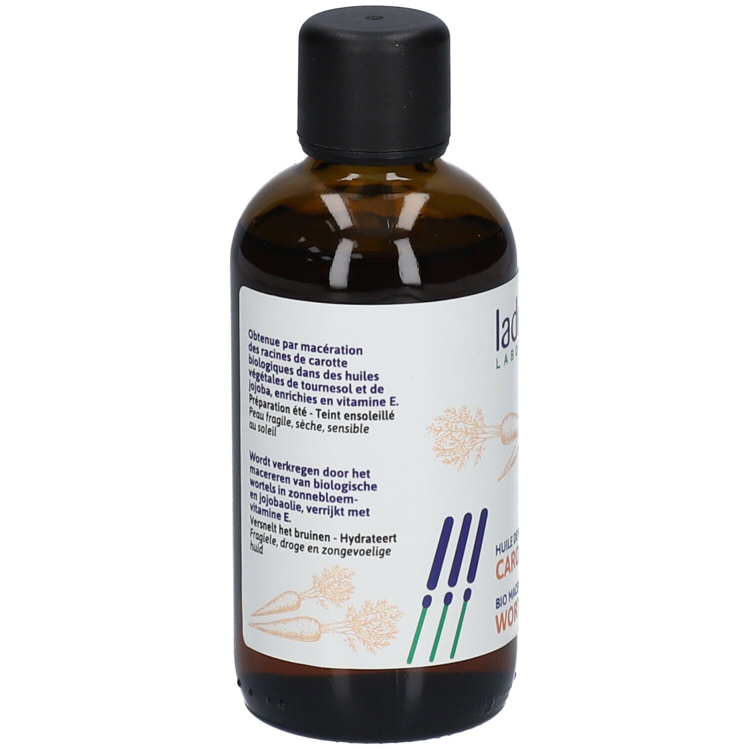 Braune Glasflasche mit schwarzem Deckel und Etikett. Rückseite mit Produktinformationen.