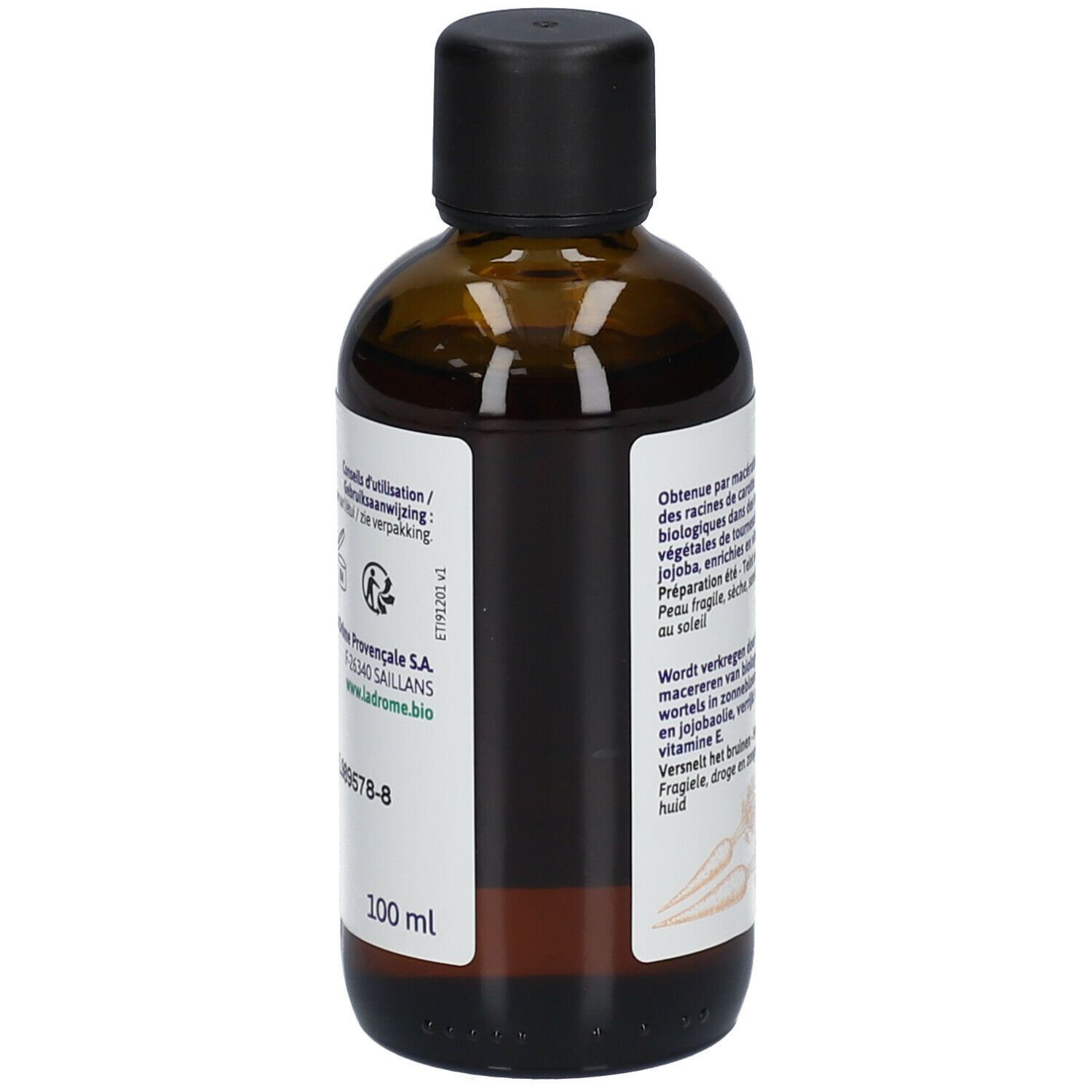 Braune Glasflasche mit schwarzem Deckel und Etikett. Aufschrift 100 ml.