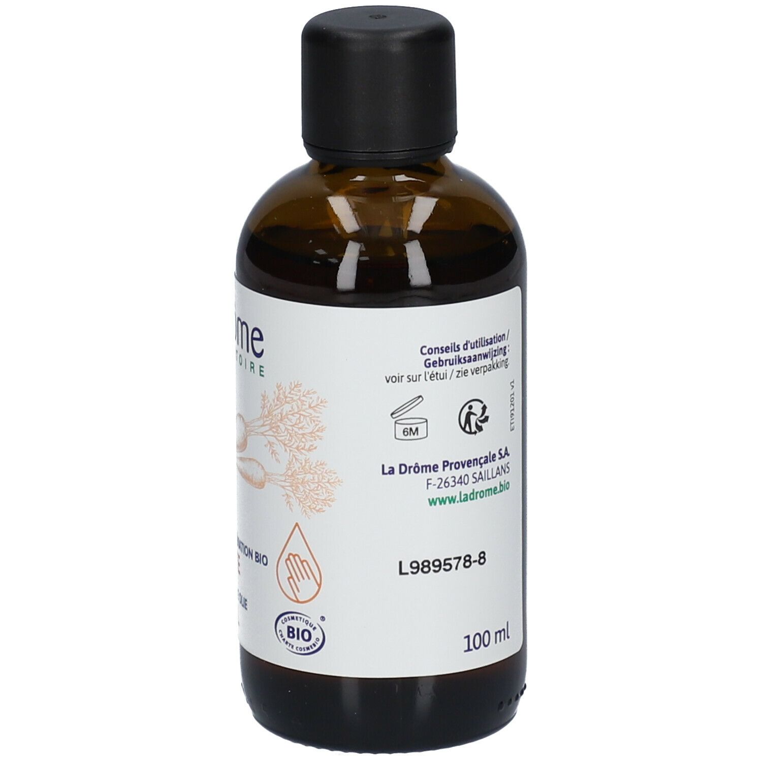 Braune Glasflasche mit schwarzem Deckel und Etikett. Aufschrift 100 ml und Logo.
