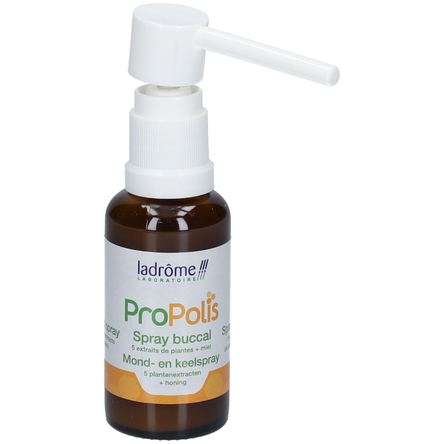Bruine glazen fles met witte spraykop. Opschrift: Propolis Spray buccal. Met groene letters.