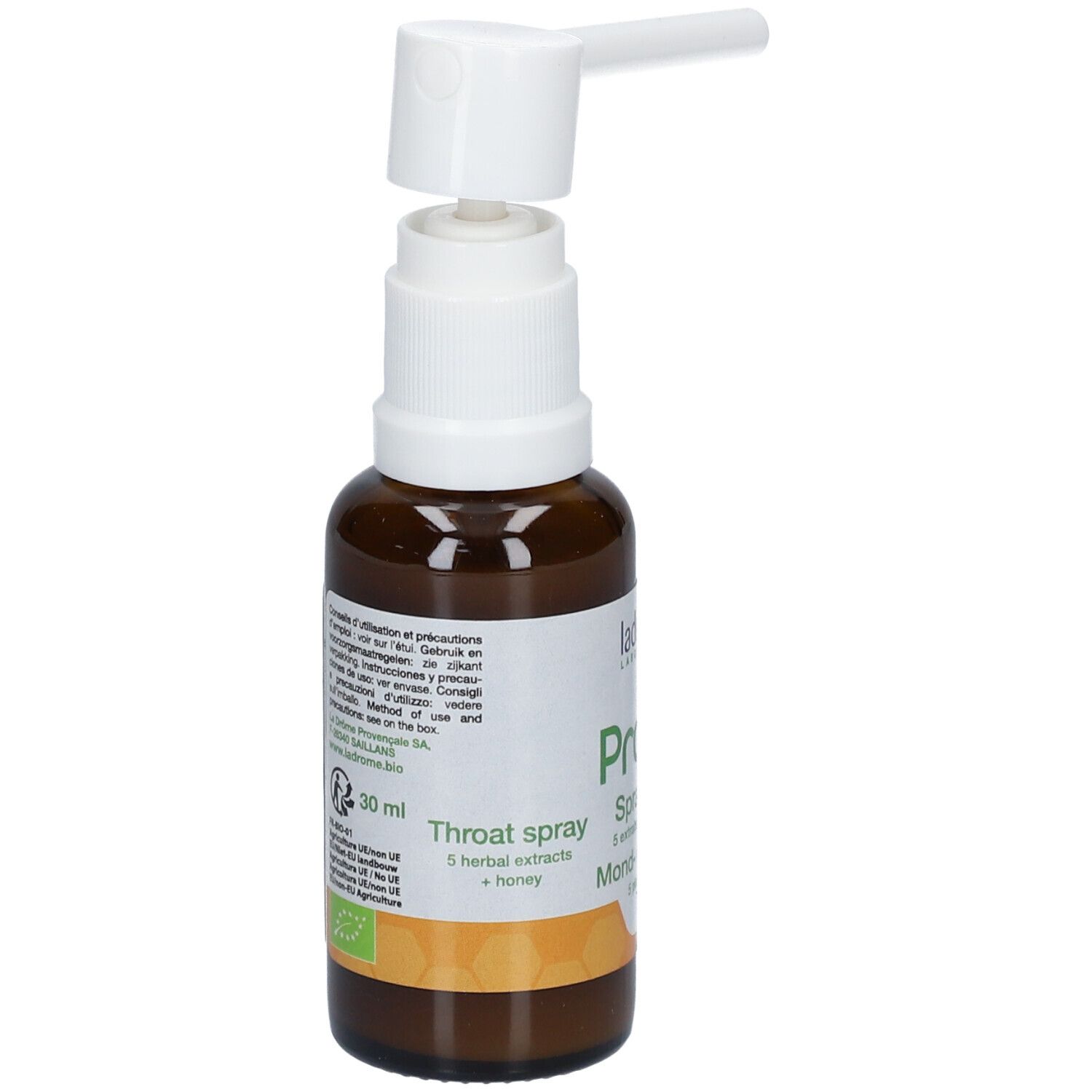 Bruine glazen fles met witte spraykop. Opschrift: Propolis Spray buccal. Met groene letters.