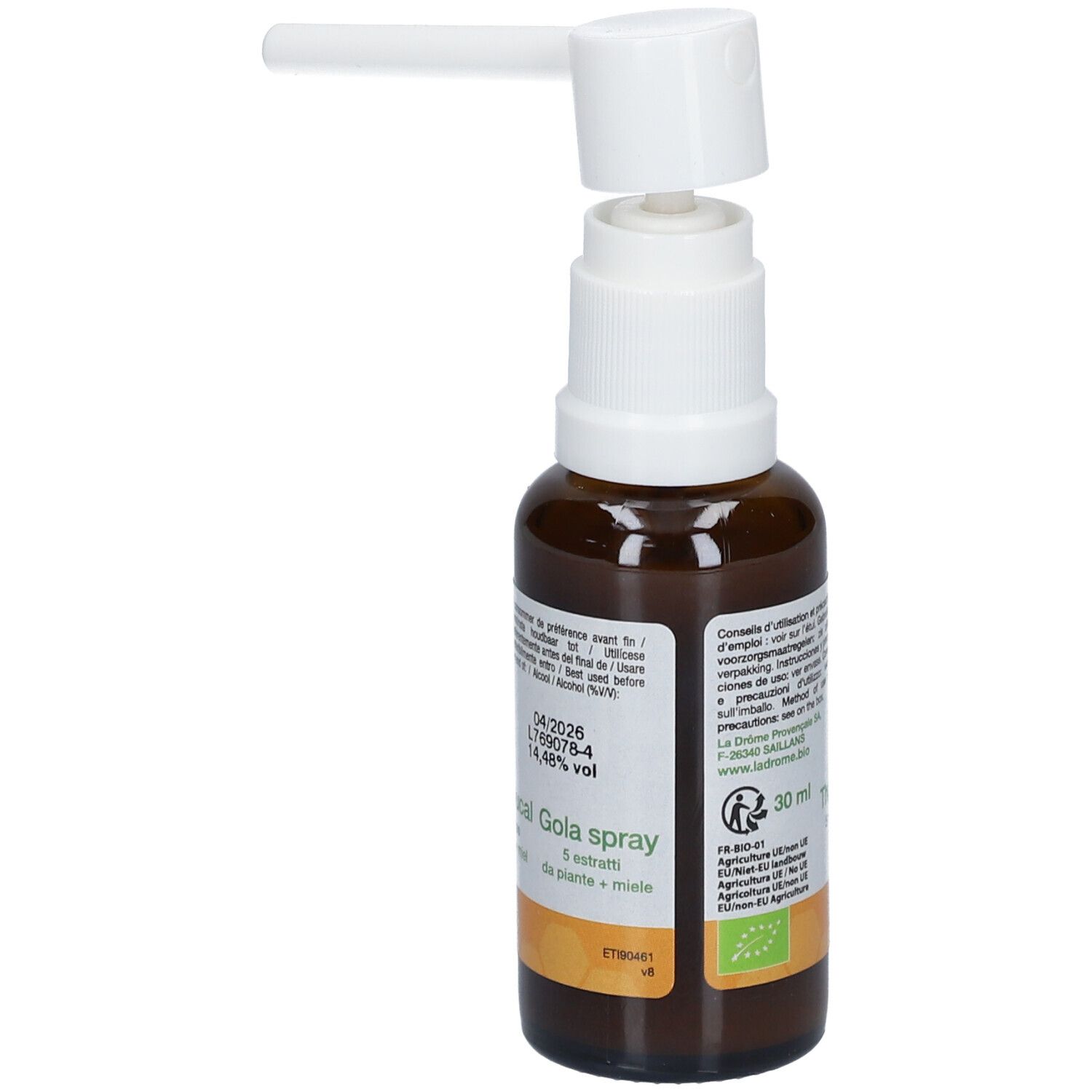 Bruine glazen fles met witte spraykop. Opschrift: Propolis Spray buccal. Met groene letters.