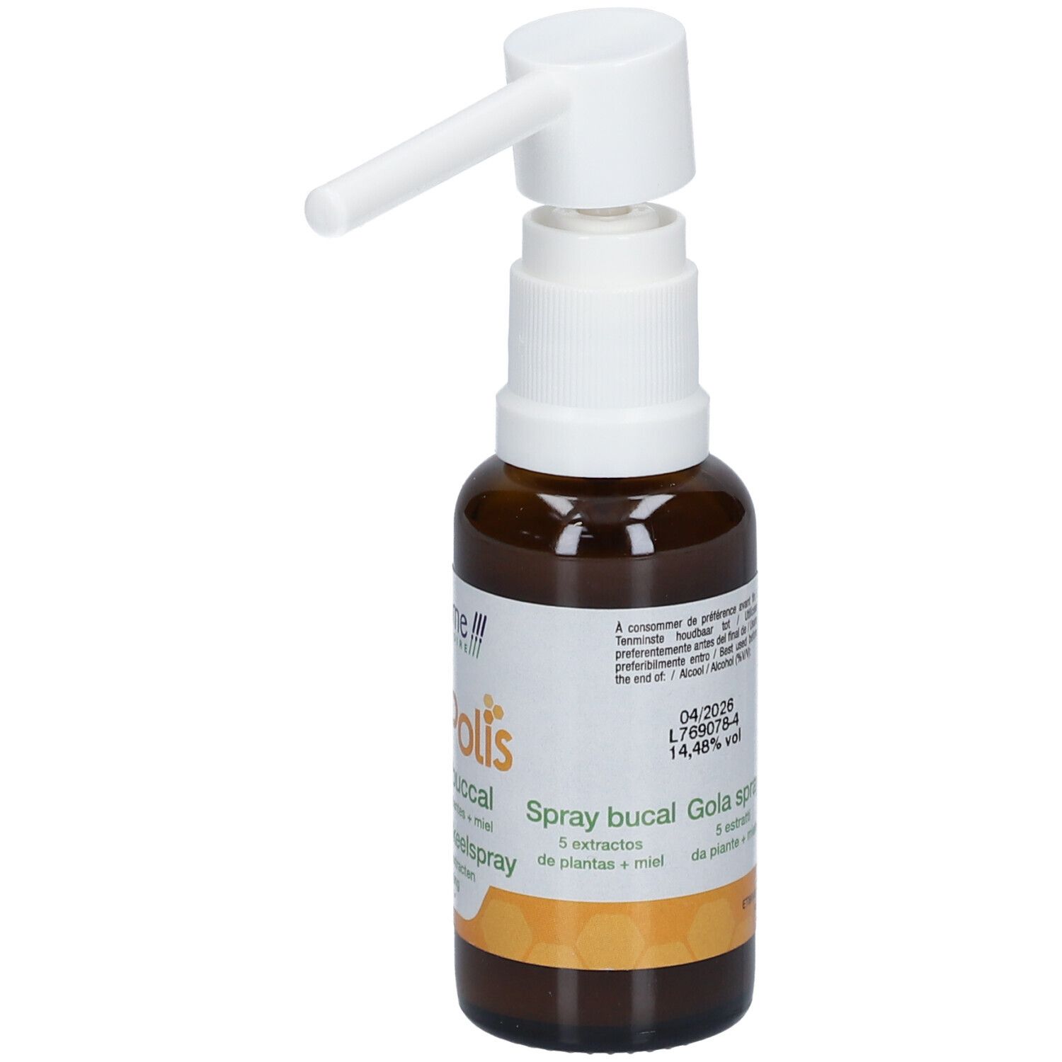 Bruine glazen fles met witte spraykop. Opschrift: Propolis Spray buccal. Met groene letters.