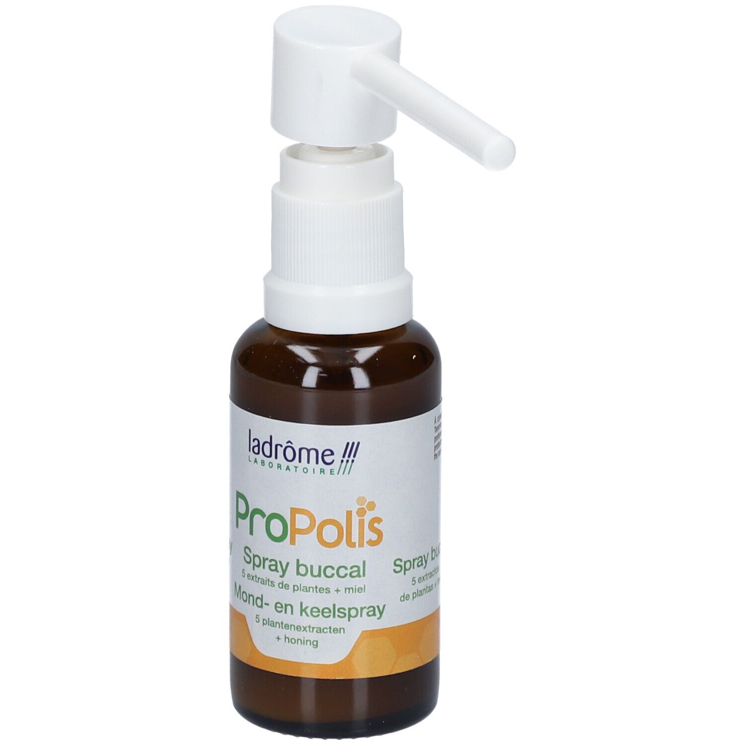 Bruine glazen fles met witte spraykop. Opschrift: Propolis Spray buccal. Met groene letters.