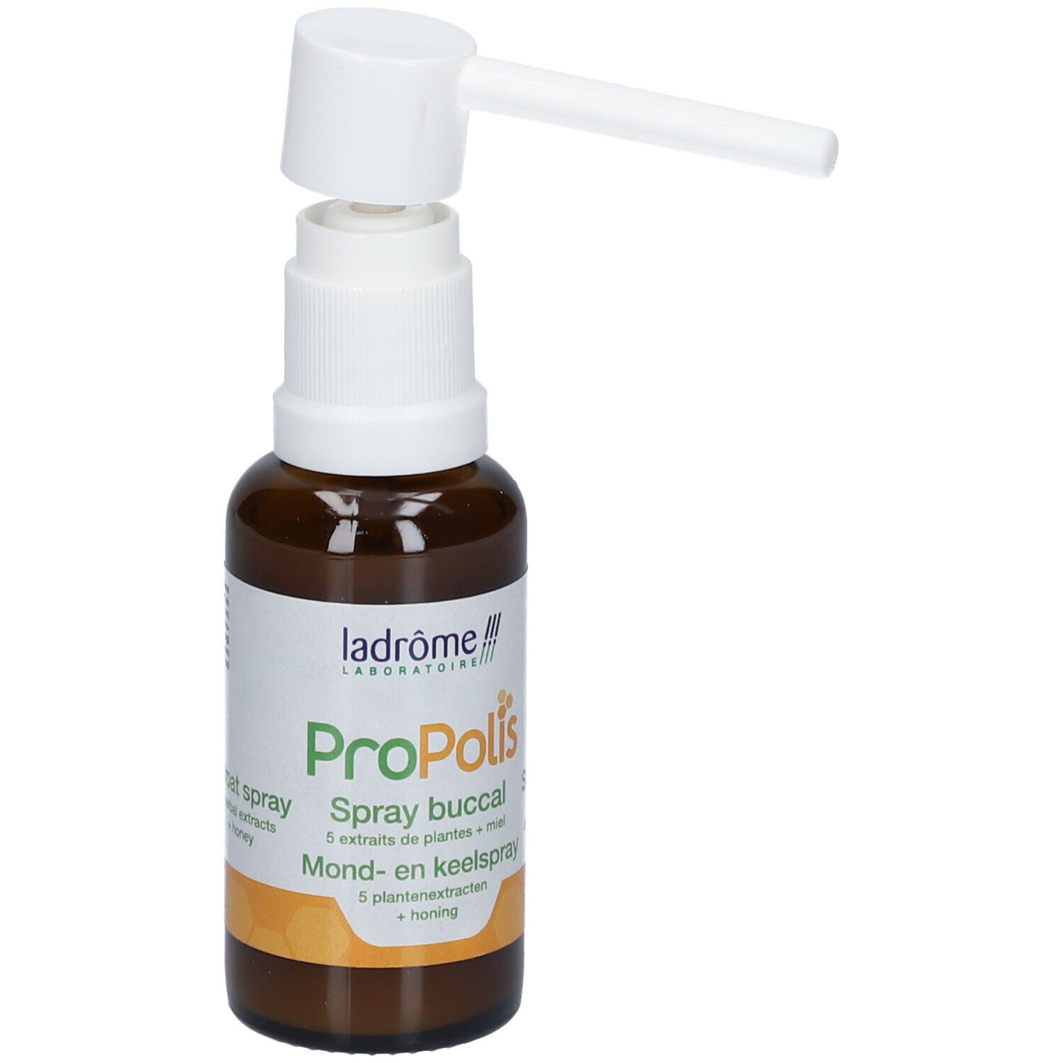 Bruine glazen fles met witte spraykop. Opschrift: Propolis Spray buccal. Met groene letters.