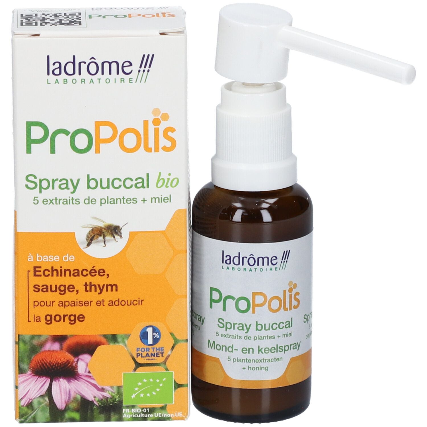 Bruine glazen fles met witte spraykop. Opschrift: Propolis Spray buccal. Met groene letters.