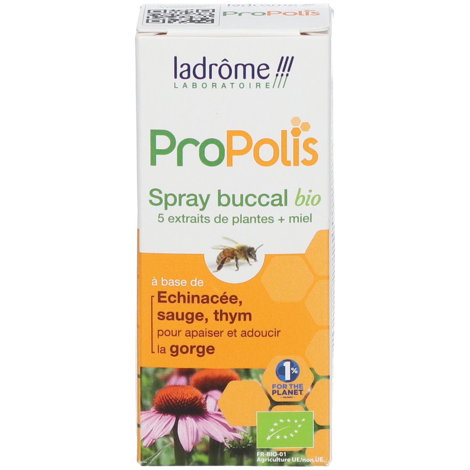 Doos met opschrift: Propolis Spray buccal bio. Met bio-label. Fles met spraykop ernaast.