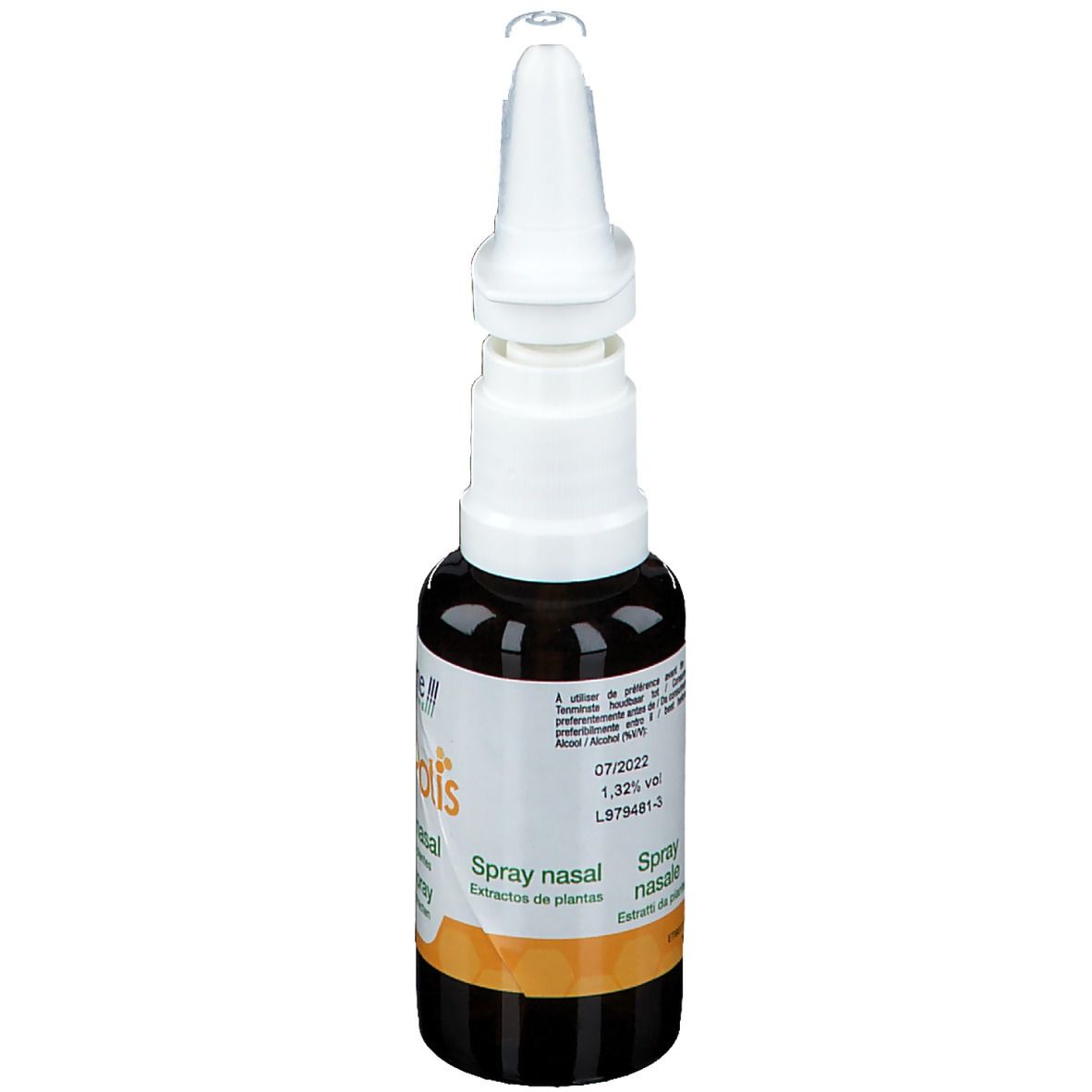 Bruine glazen fles met witte spraykop. Opschrift: Propolis Spray nasal. Bio-certificering.