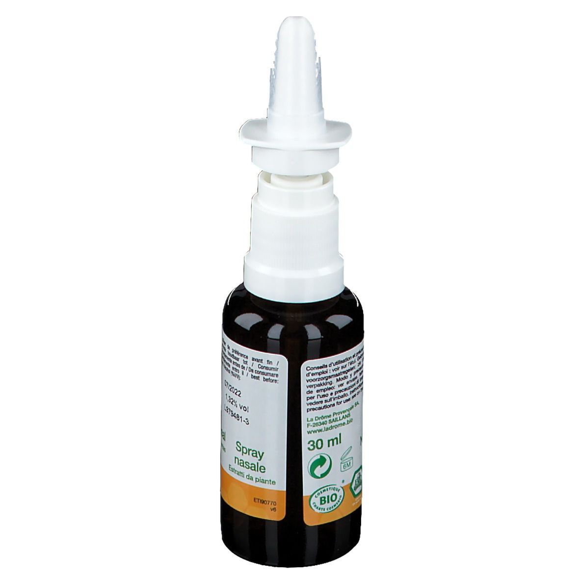 Bruine glazen fles met witte spraykop. Opschrift: Propolis Spray nasal. Bio-certificering.