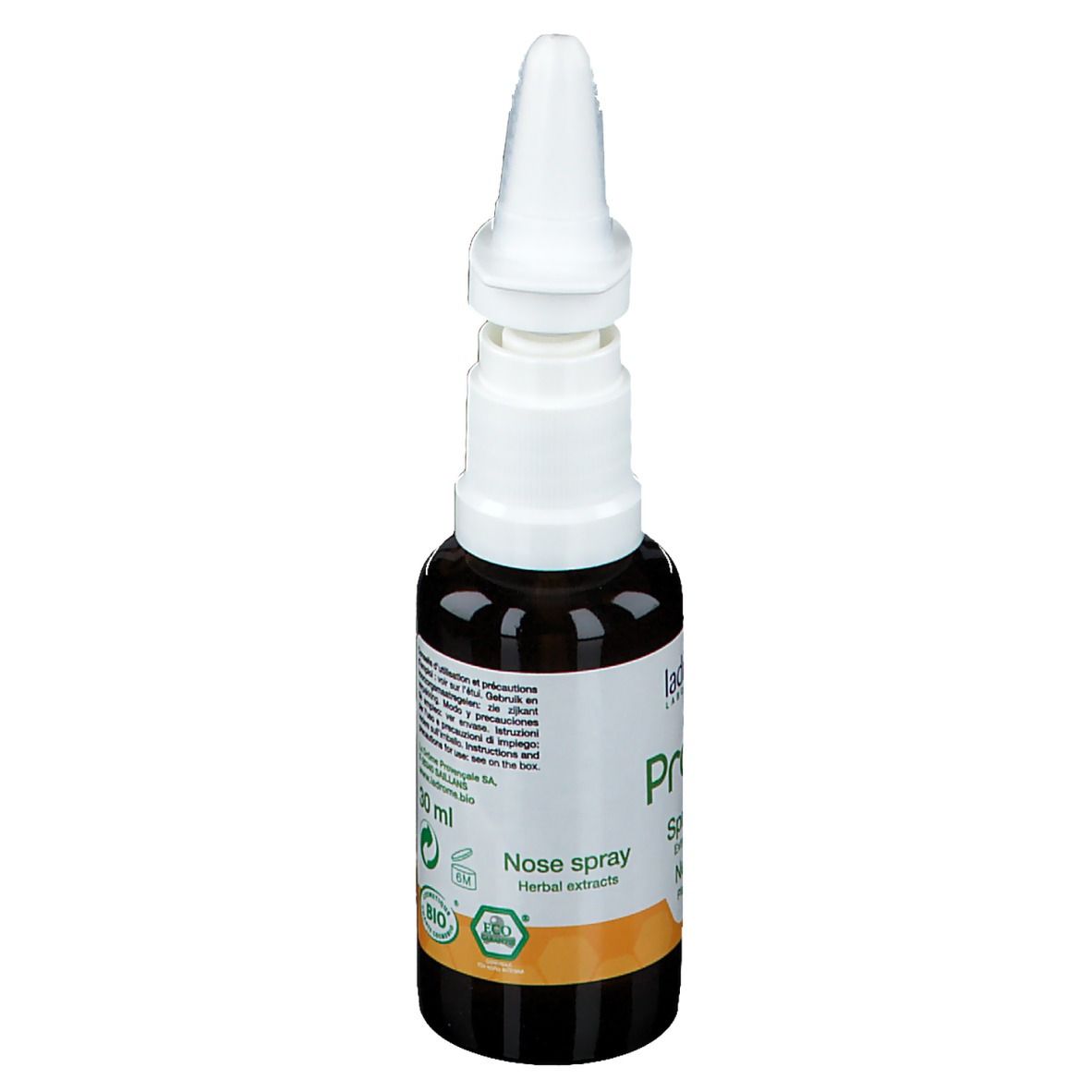 Bruine glazen fles met witte spraykop. Opschrift: Propolis Spray nasal. Bio-certificering.