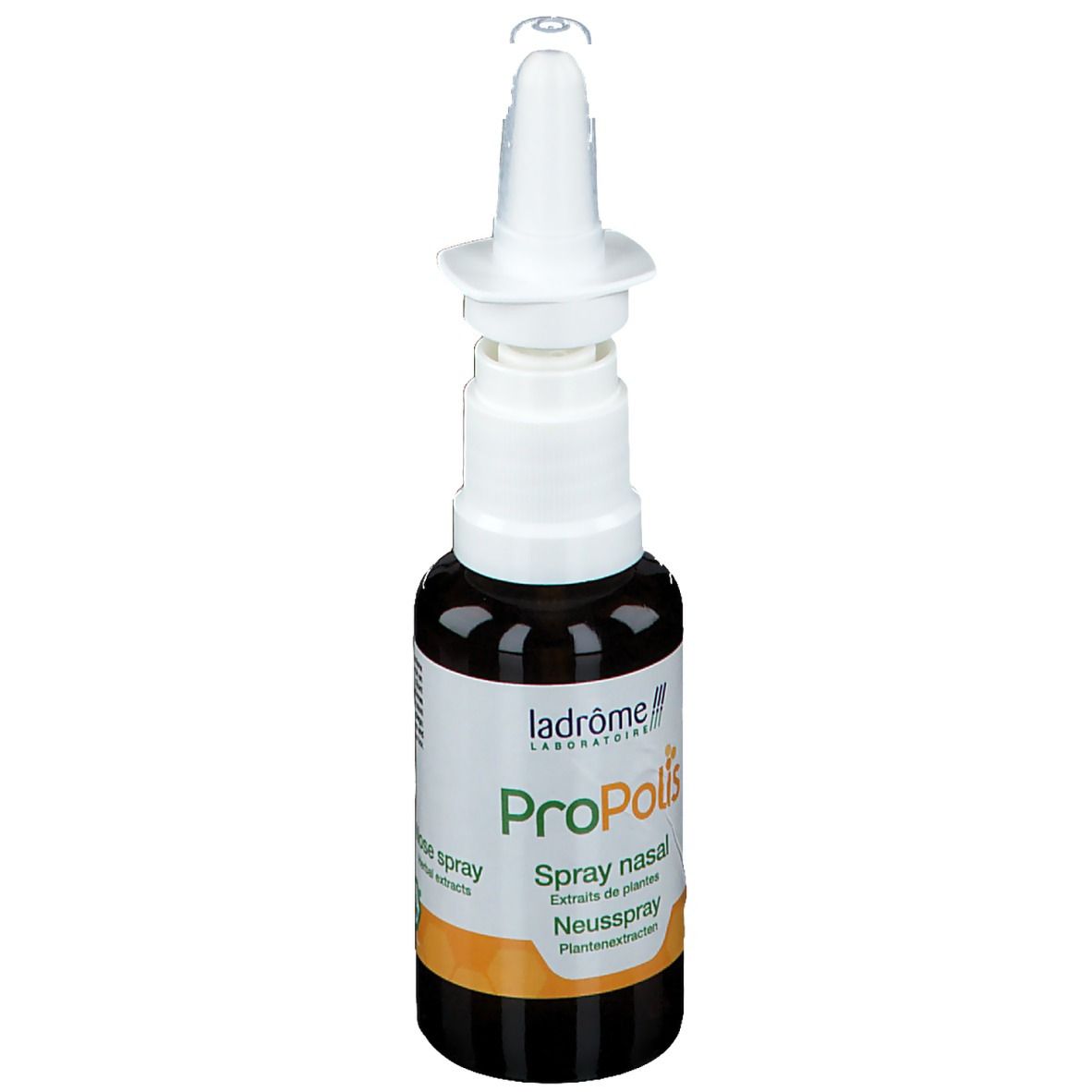 Bruine glazen fles met witte spraykop. Opschrift: Propolis Spray nasal. Bio-certificering.