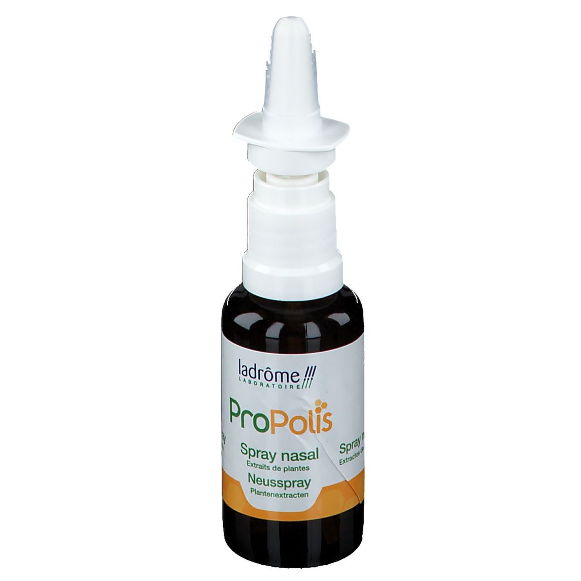 Bruine glazen fles met witte spraykop. Opschrift: Propolis Spray nasal. Bio-certificering.