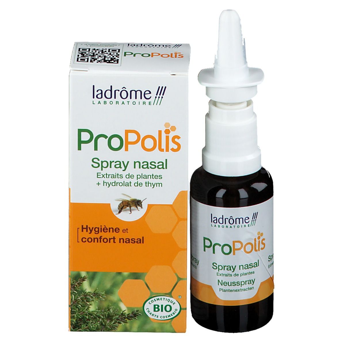 Bruine glazen fles met witte spraykop en doos. Opschrift: Propolis Spray nasal. Bio-certificering.