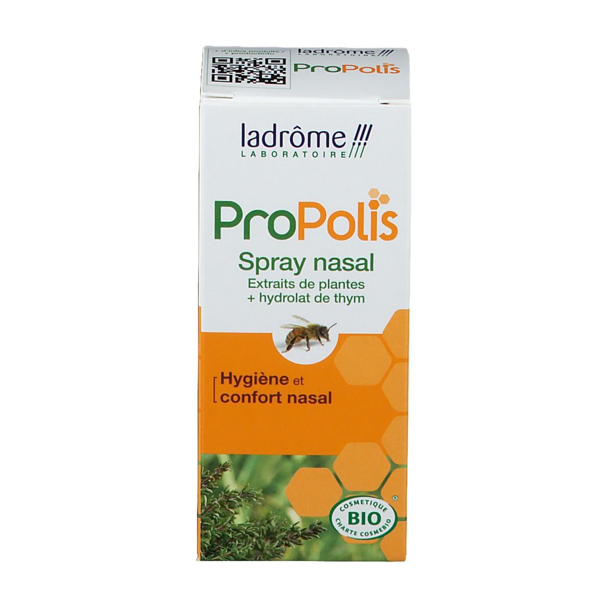 Doos met opschrift: Propolis Spray nasal. Bio-certificering. Er wordt ook een bruine glazen fles met spraykop getoond.