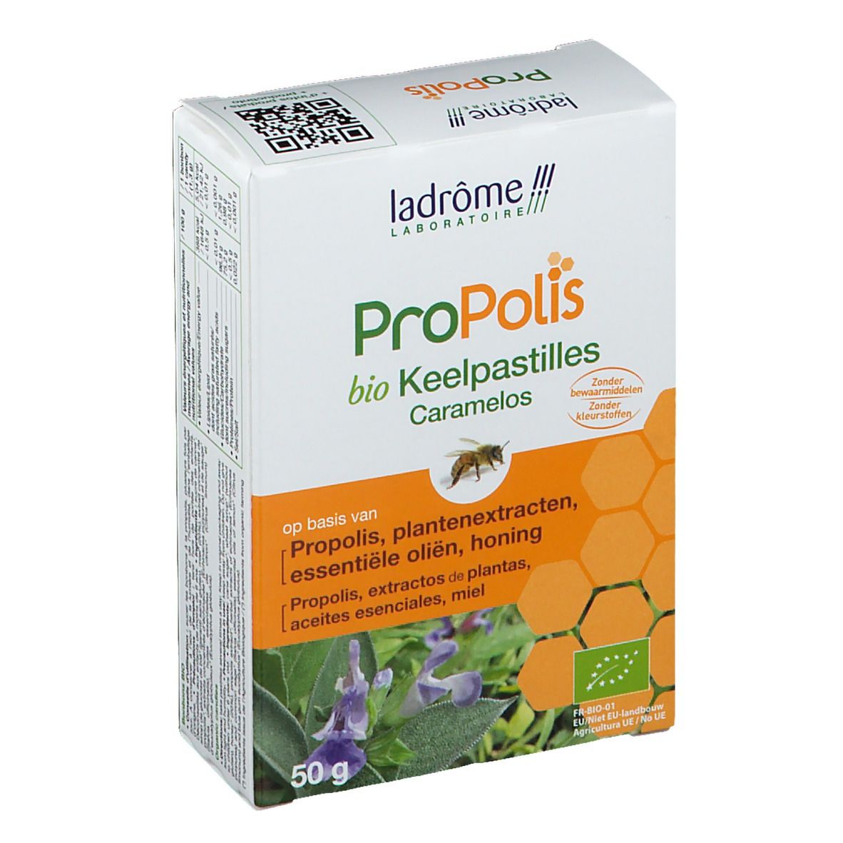 Boîte de pastilles pour la gorge Propolis bio. Contient 50g. Avec abeille, miel et plantes.