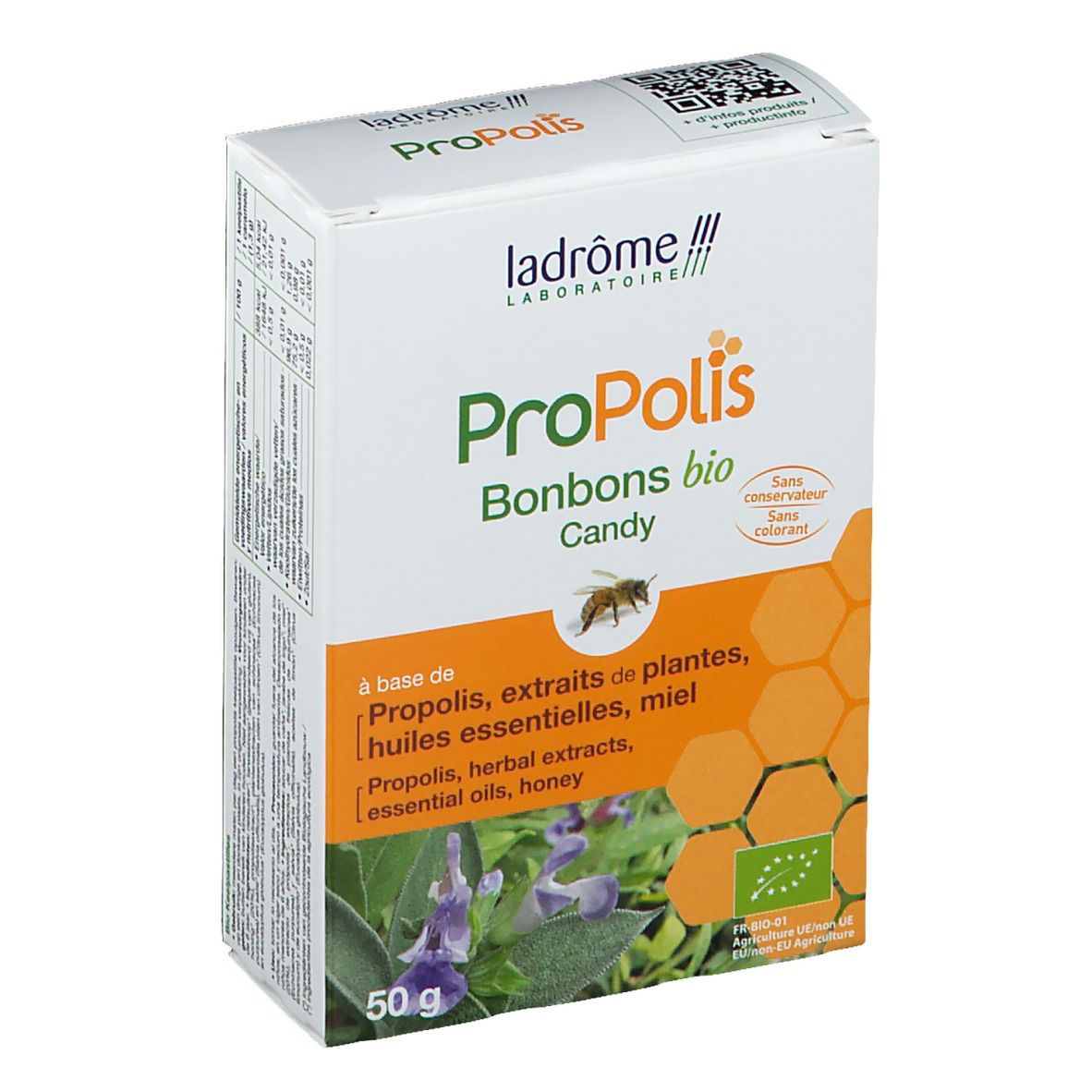 Boîte de bonbons Propolis bio. Ingrédients : propolis, extraits de plantes, huiles essentielles, miel. 50g.