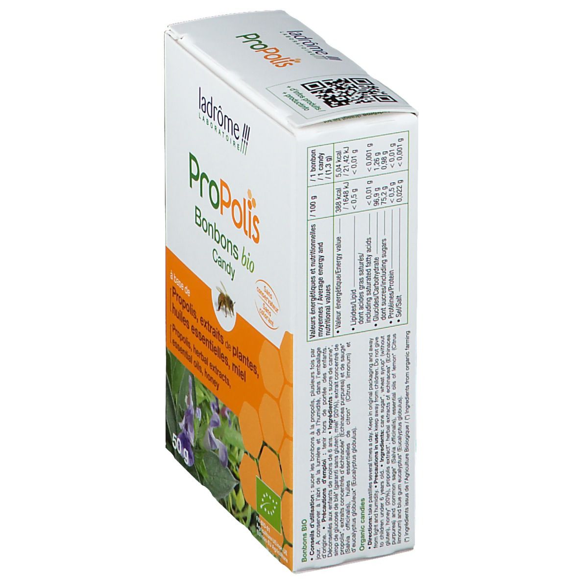Boîte de bonbons Propolis bio. Informations nutritionnelles et ingrédients. Contient 50g.