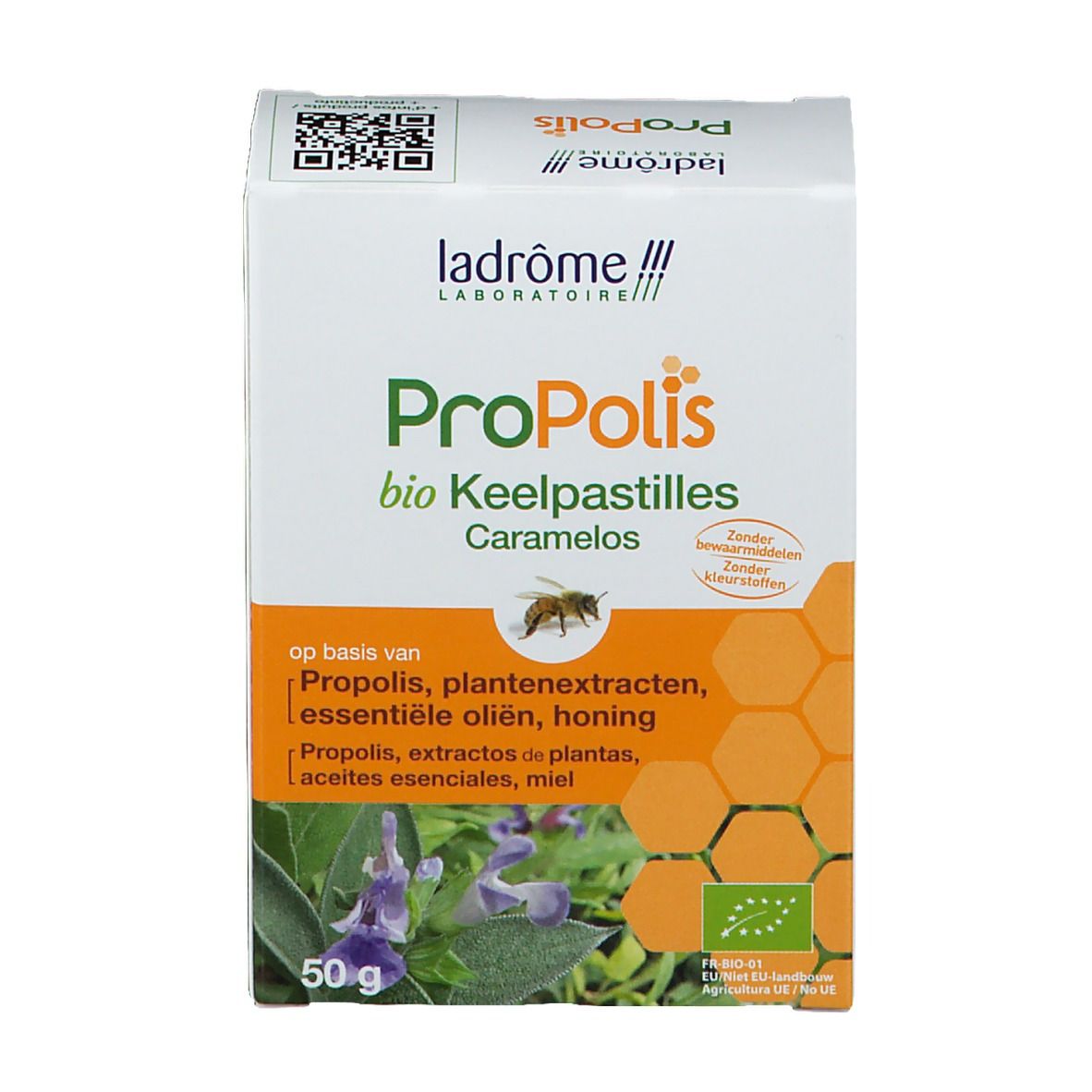 Boîte de pastilles pour la gorge Propolis bio. Contient 50g. Avec abeille, miel et plantes.