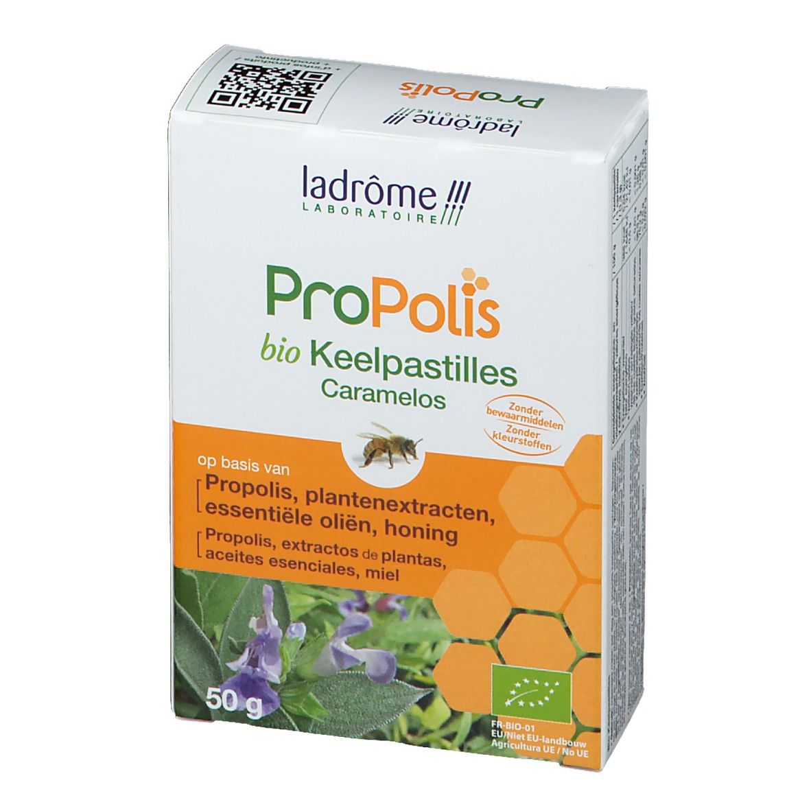 Boîte de pastilles pour la gorge Propolis bio. Contient 50g. Avec abeille, miel et plantes.