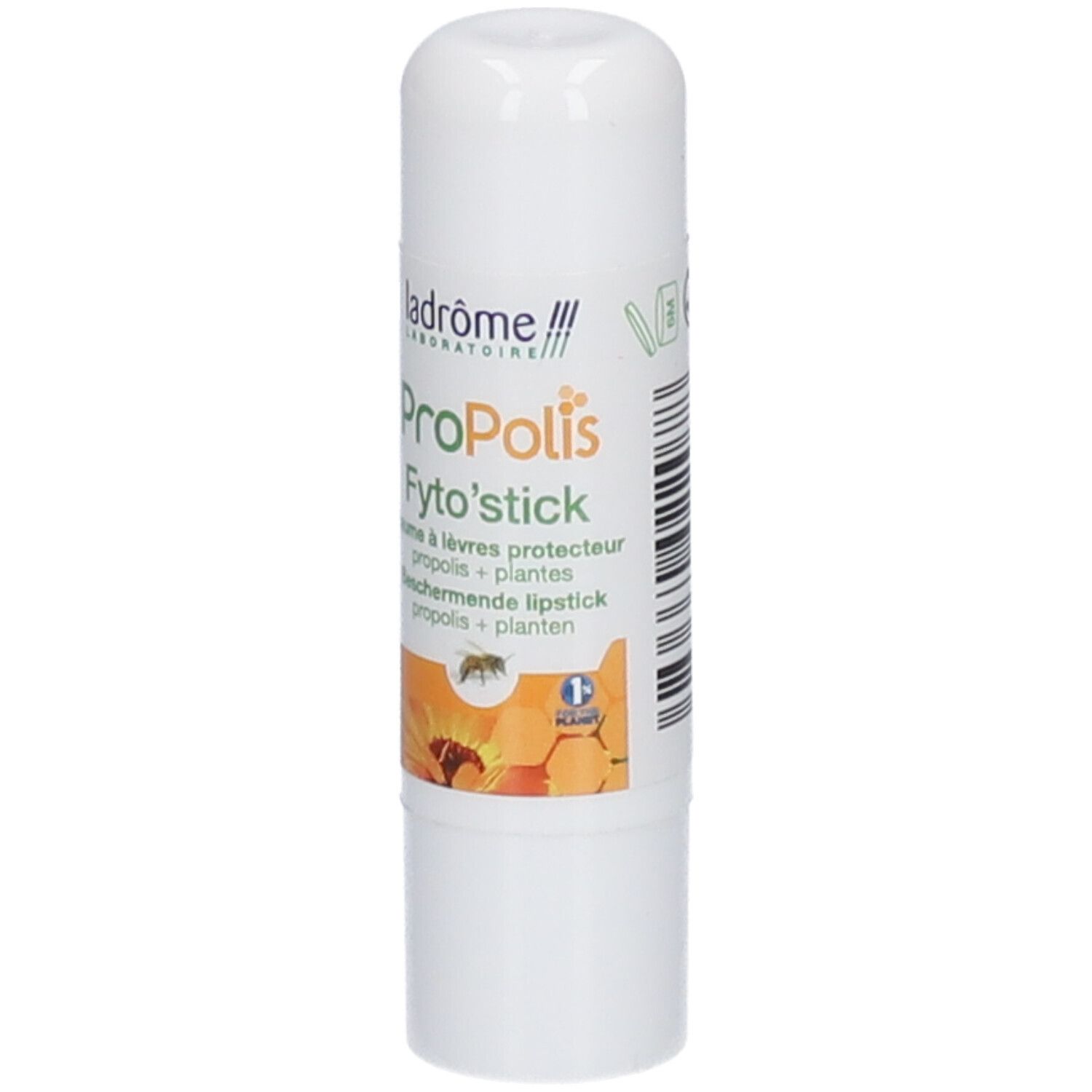 Stick de baume à lèvres blanc. Inscription Propolis Fyto'stick, illustration d'abeille et logo. Emballage vertical.