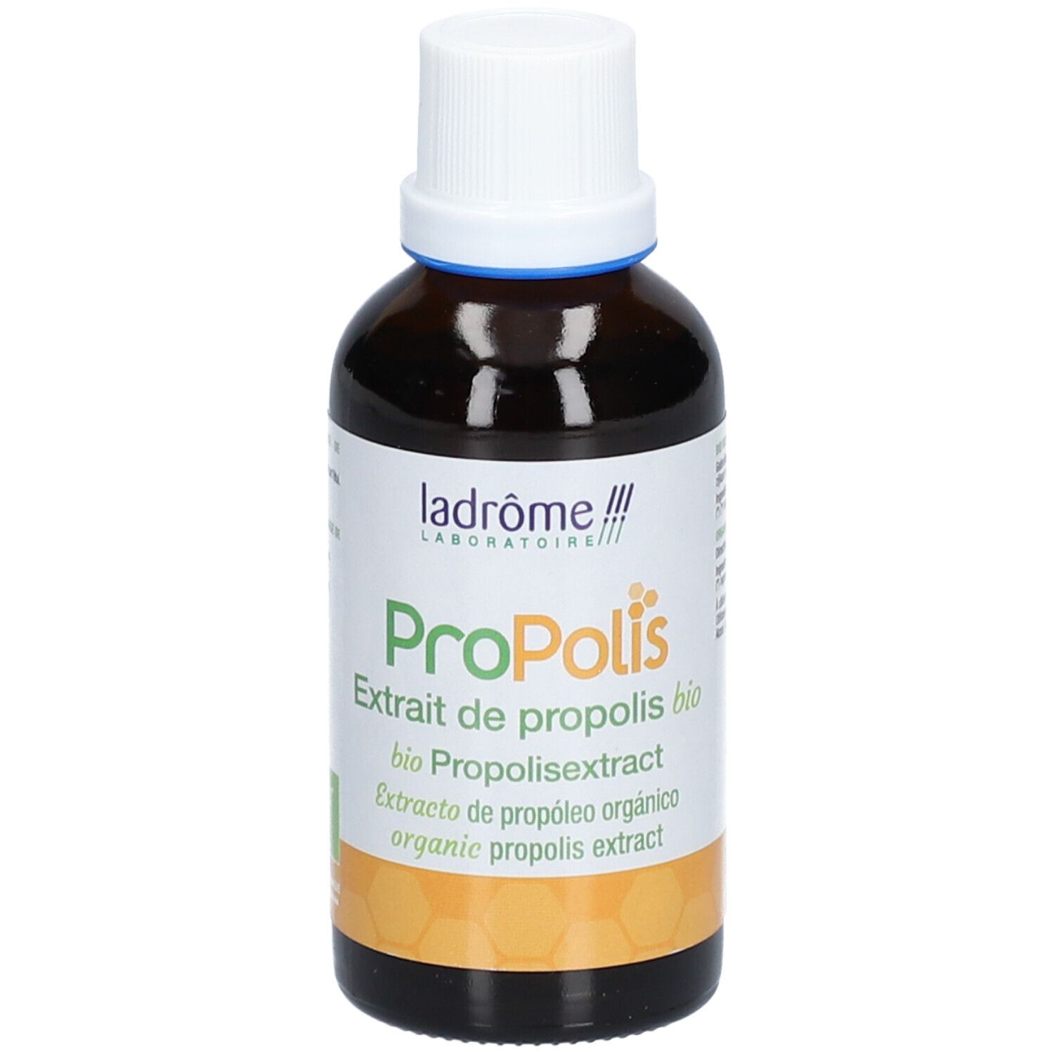 Bruine glazen fles met witte dop. Etiket met productnaam en logo.