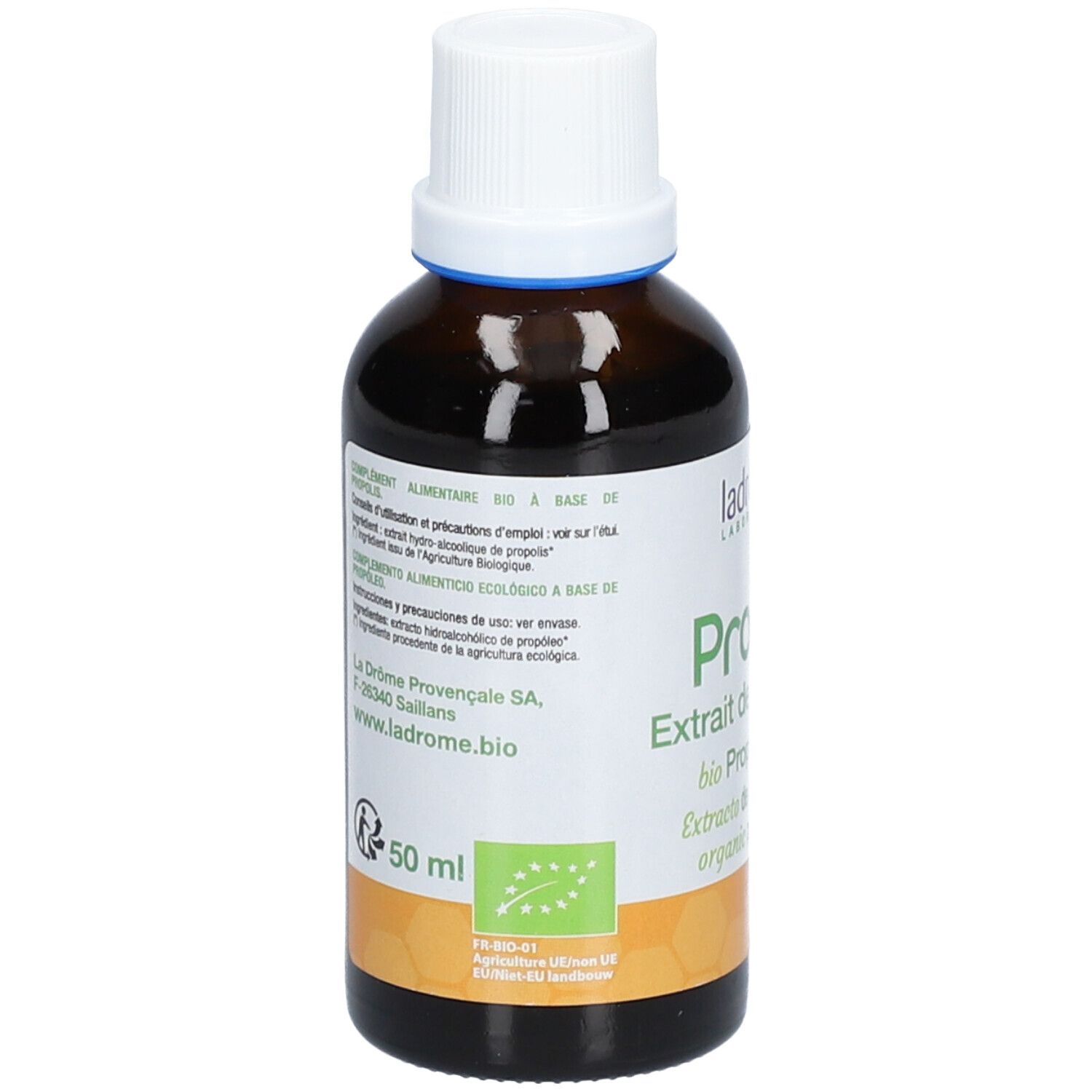Bruine glazen fles met witte dop. Etiket met productnaam en logo.