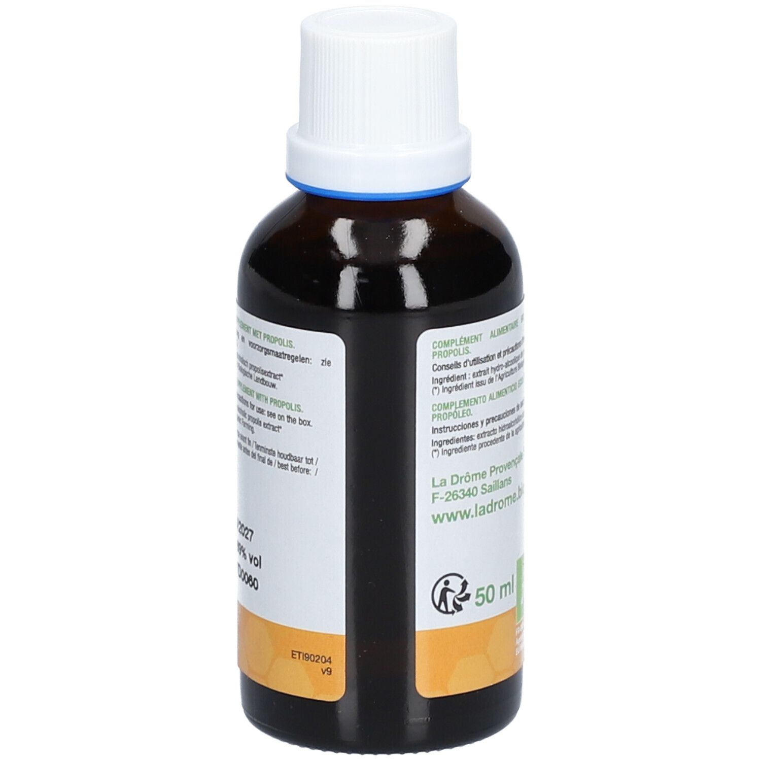 Bruine glazen fles met witte dop. Etiket met productnaam en logo.
