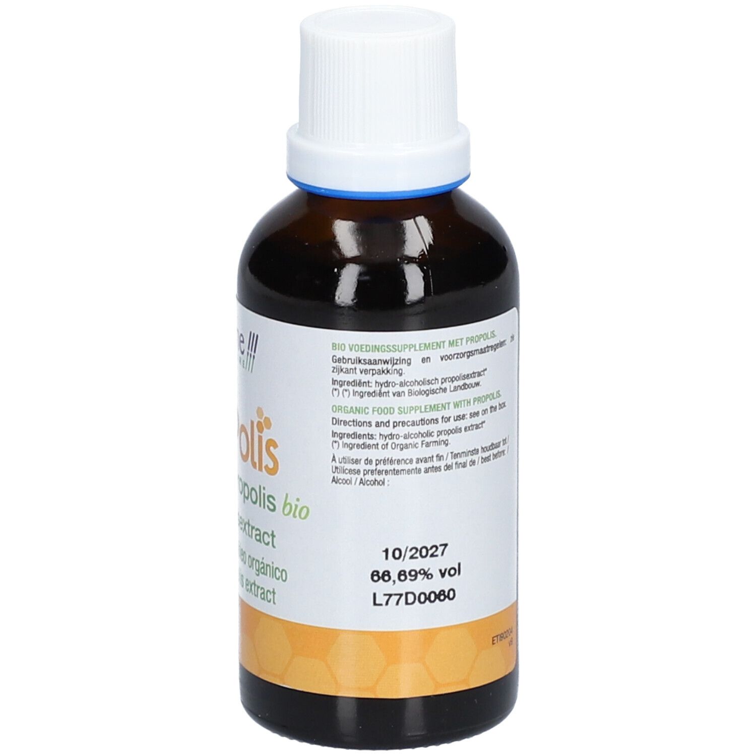 Bruine glazen fles met witte dop. Etiket met productnaam en logo.