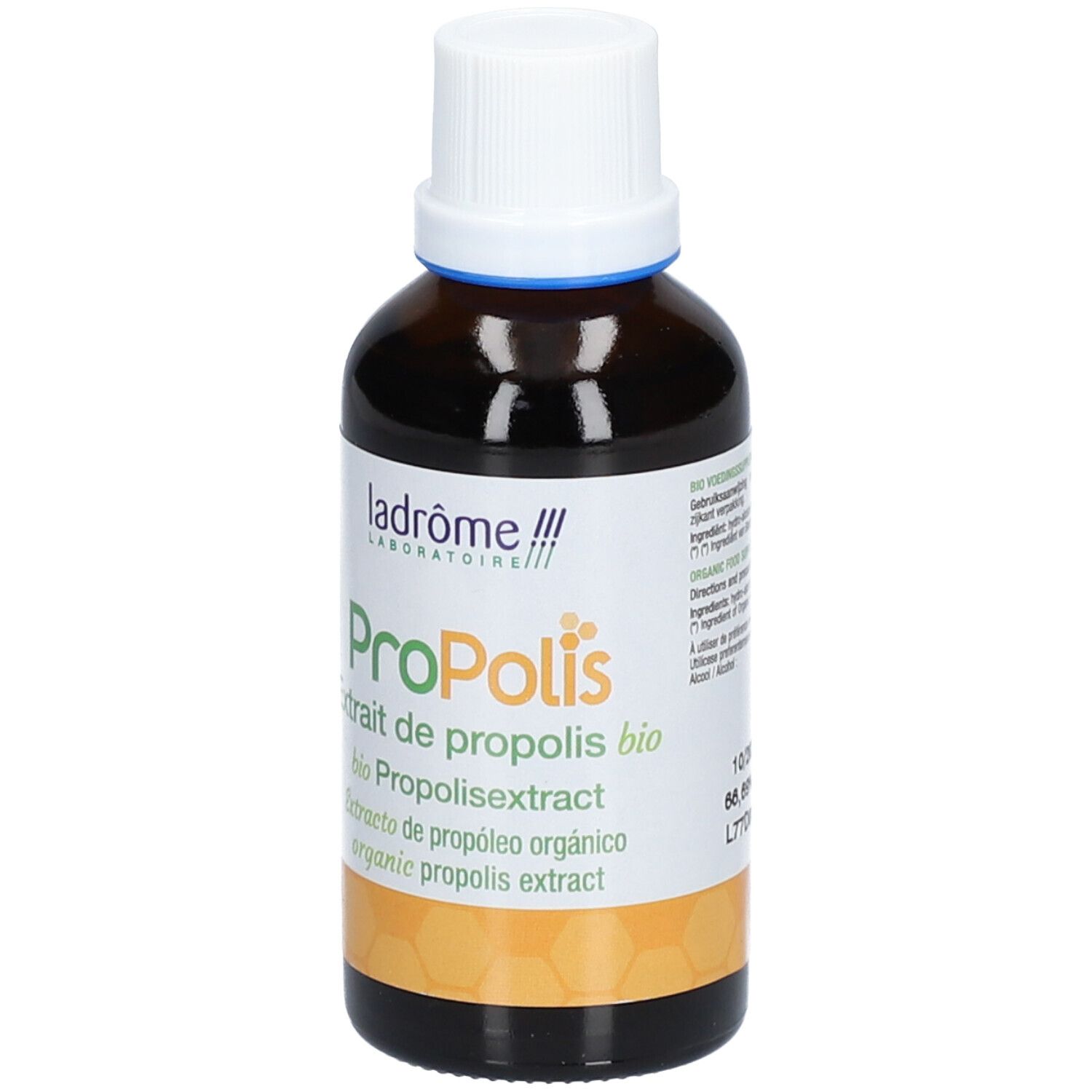 Bruine glazen fles met witte dop. Etiket met productnaam en logo.