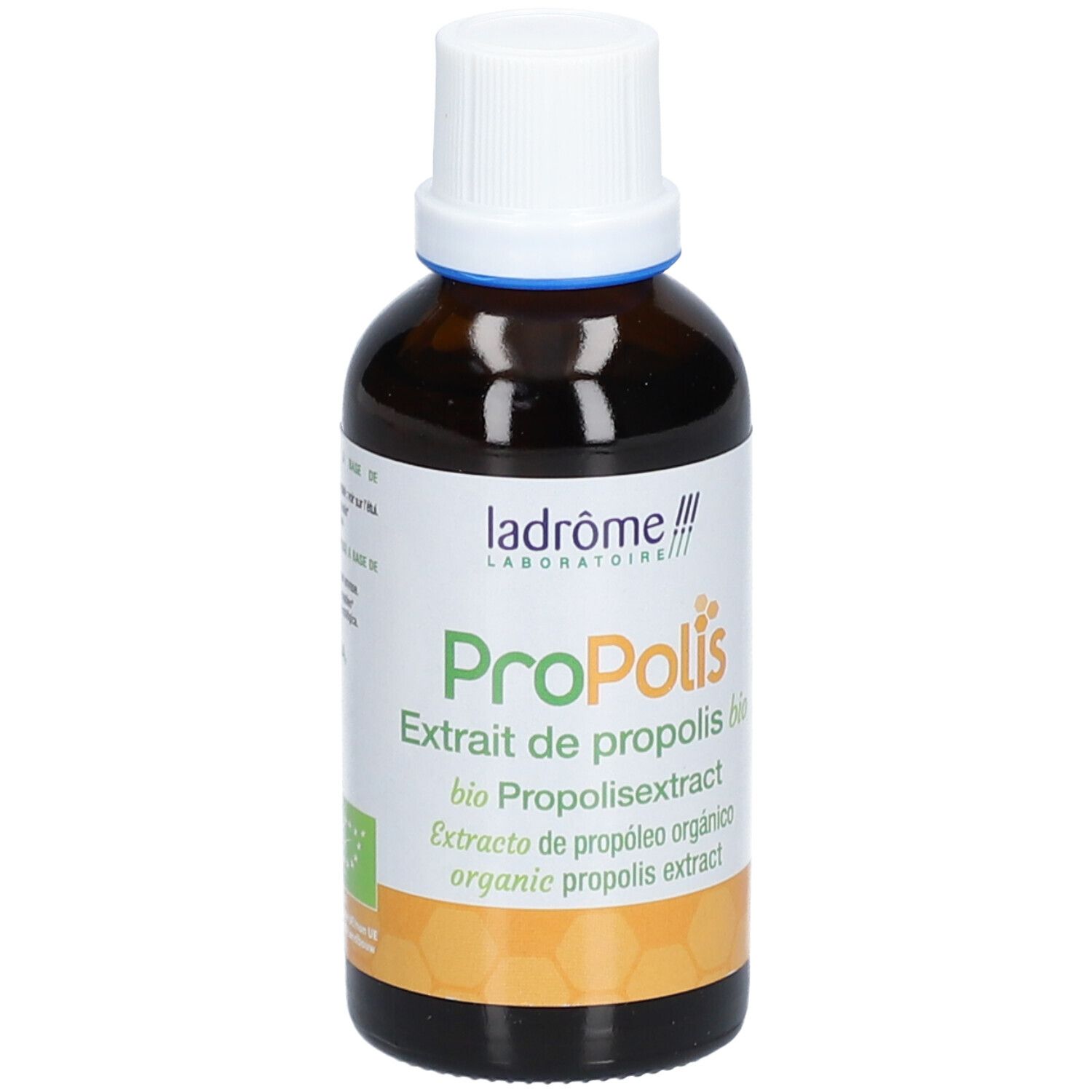 Bruine glazen fles met witte dop. Etiket met productnaam en logo.