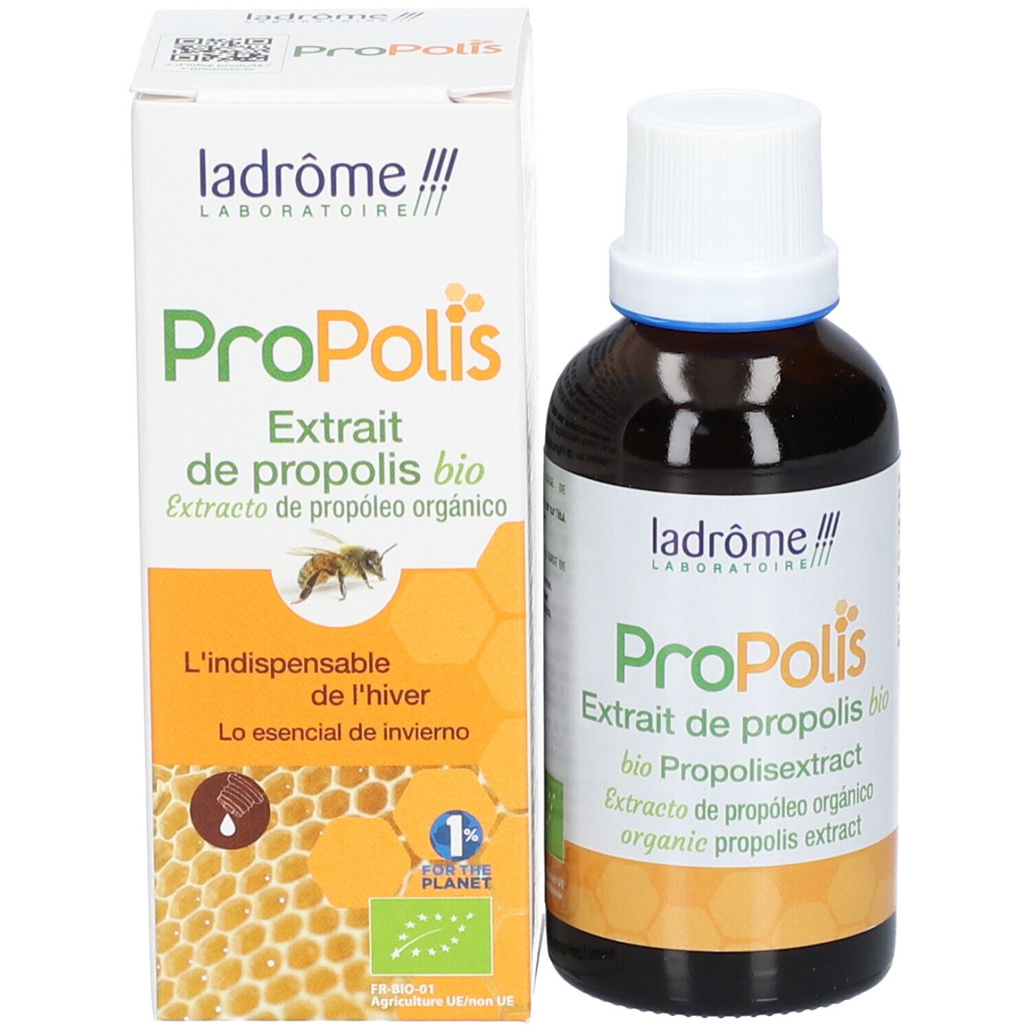 Bruine glazen fles met witte dop en doos. Productnaam en logo zichtbaar.
